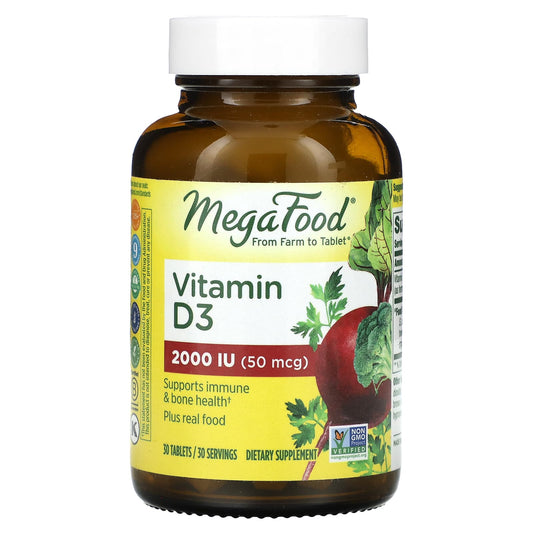 MegaFood, Vitamin D3, 2,000 IU (50 mcg), 30 Tablets - Image 1