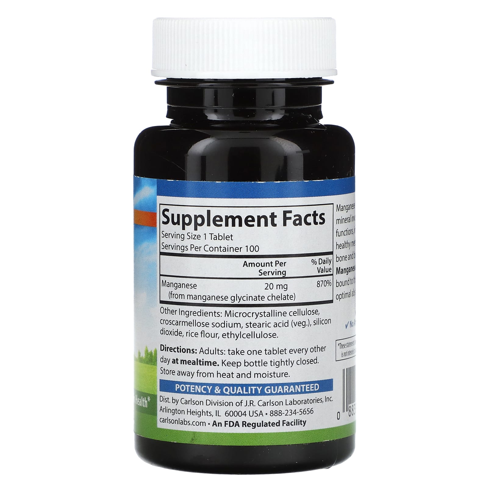 Carlson Chelated Manganese Supplement, 20mg, 100 Tablets - Image 2
