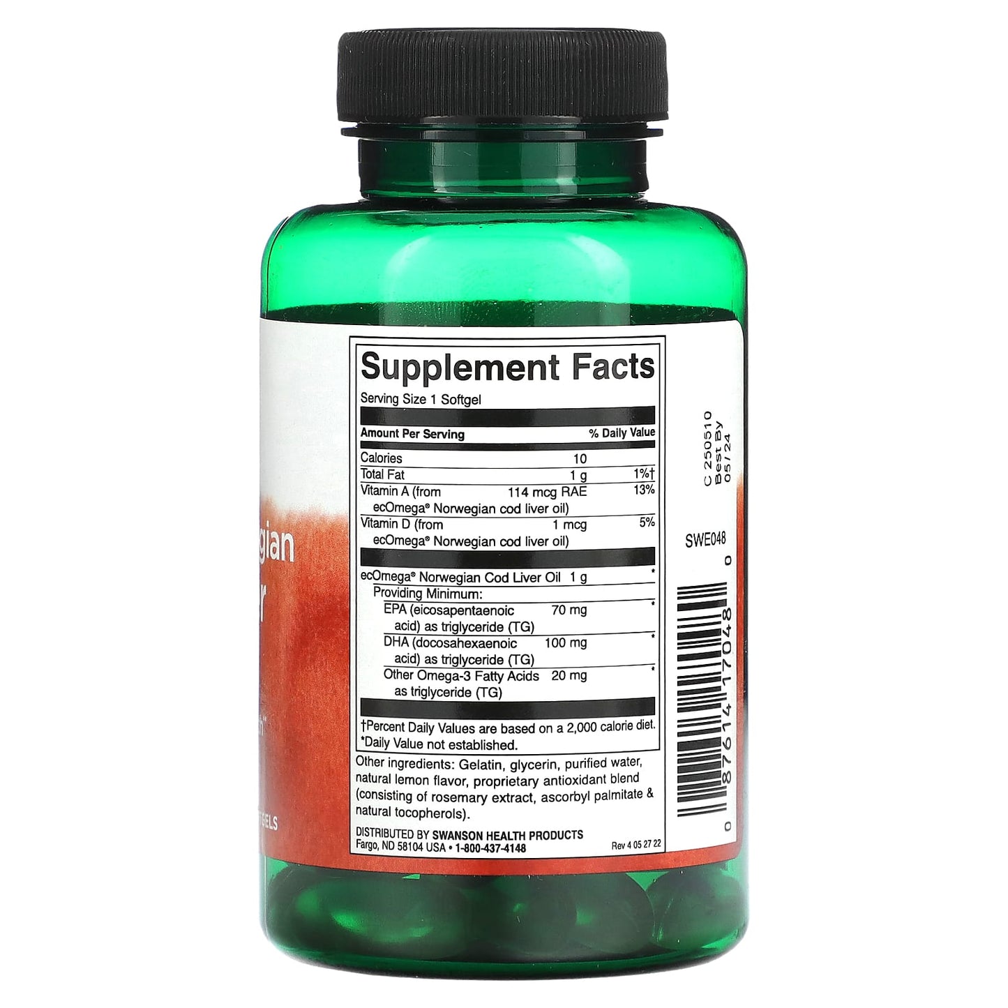Swanson, Pristine Norwegian Cod Liver Oil, 1 g , 60 Softgels - Image 2
