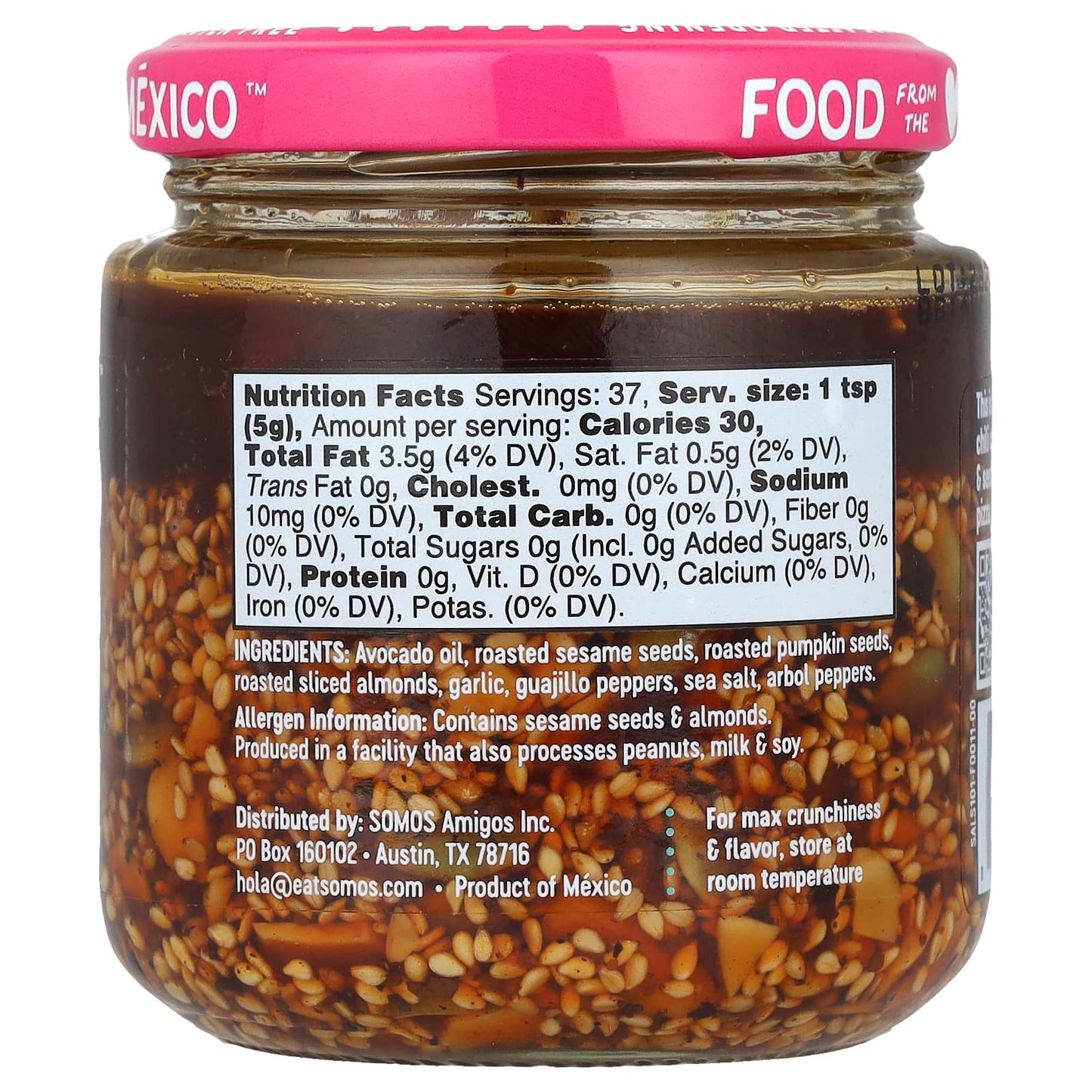Somos, Salsa Macha, Mexican Chili Crisp, Nuts & Seeds, Medium, 6.5 oz (185 g) - Image 2