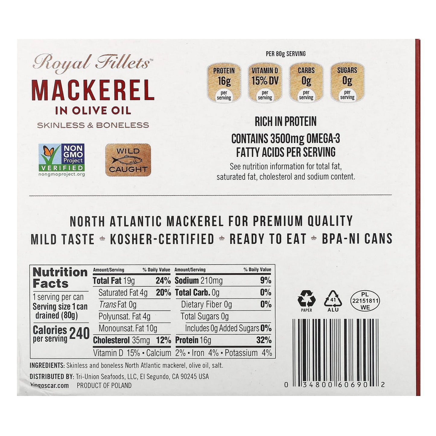 King Oscar, Royal Fillets, Mackerel In Olive Oil, 6 Pack, 4.05 oz (115 g) Each - Image 2