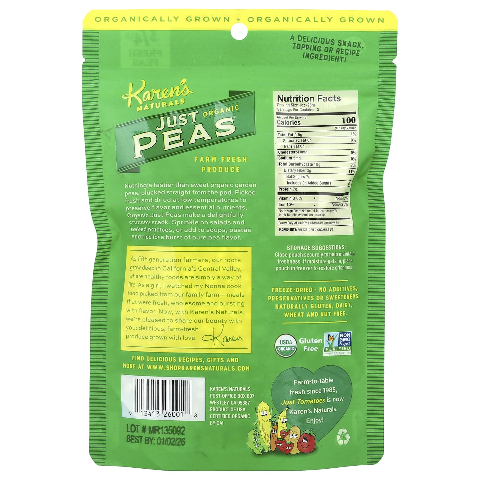 Karen's Naturals, Organic Just Peas®, 3 oz (84 g) - Image 2