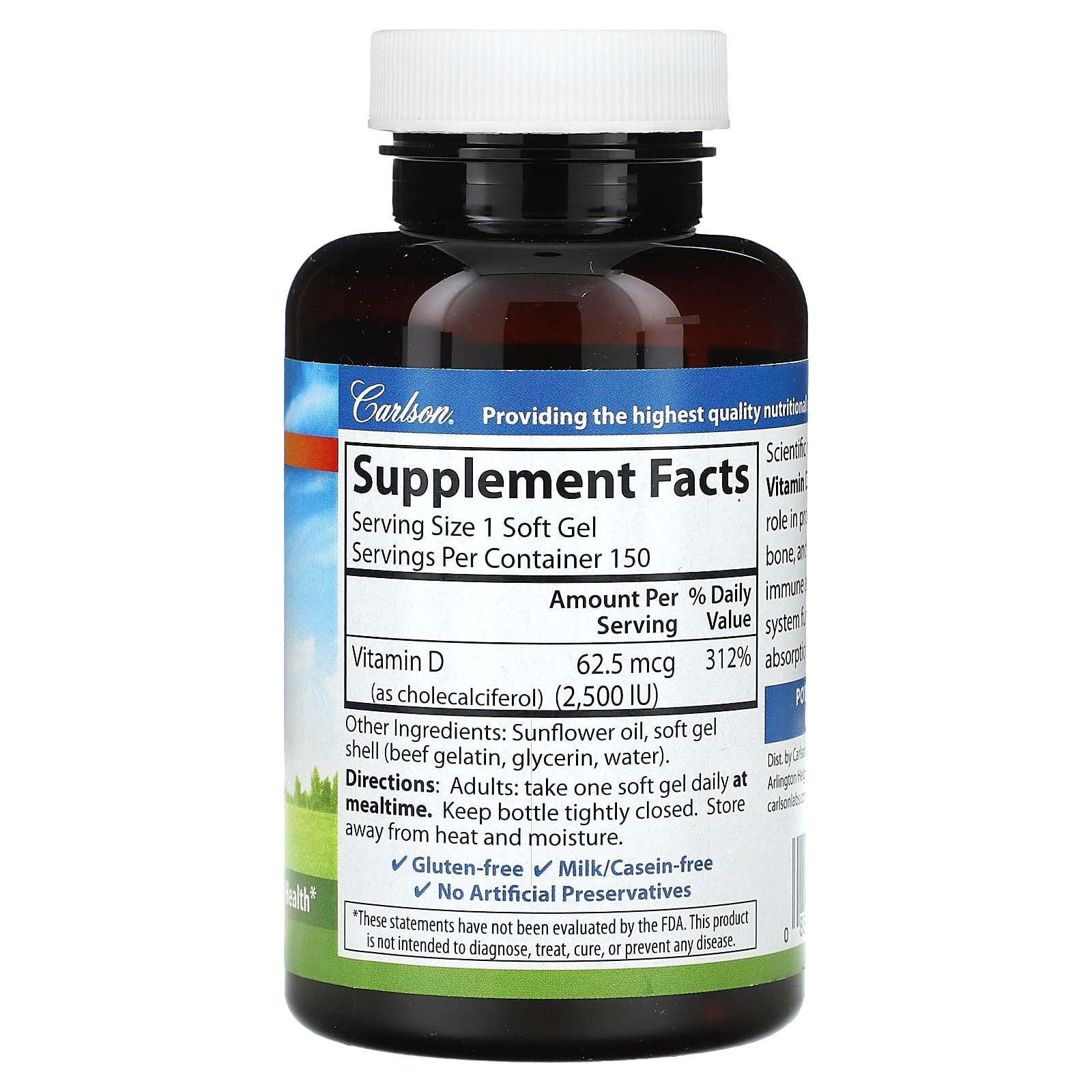 Support Bone Health with Carlson Vitamin D3, 62.5 mcg, 150 Soft Gels - Image 2