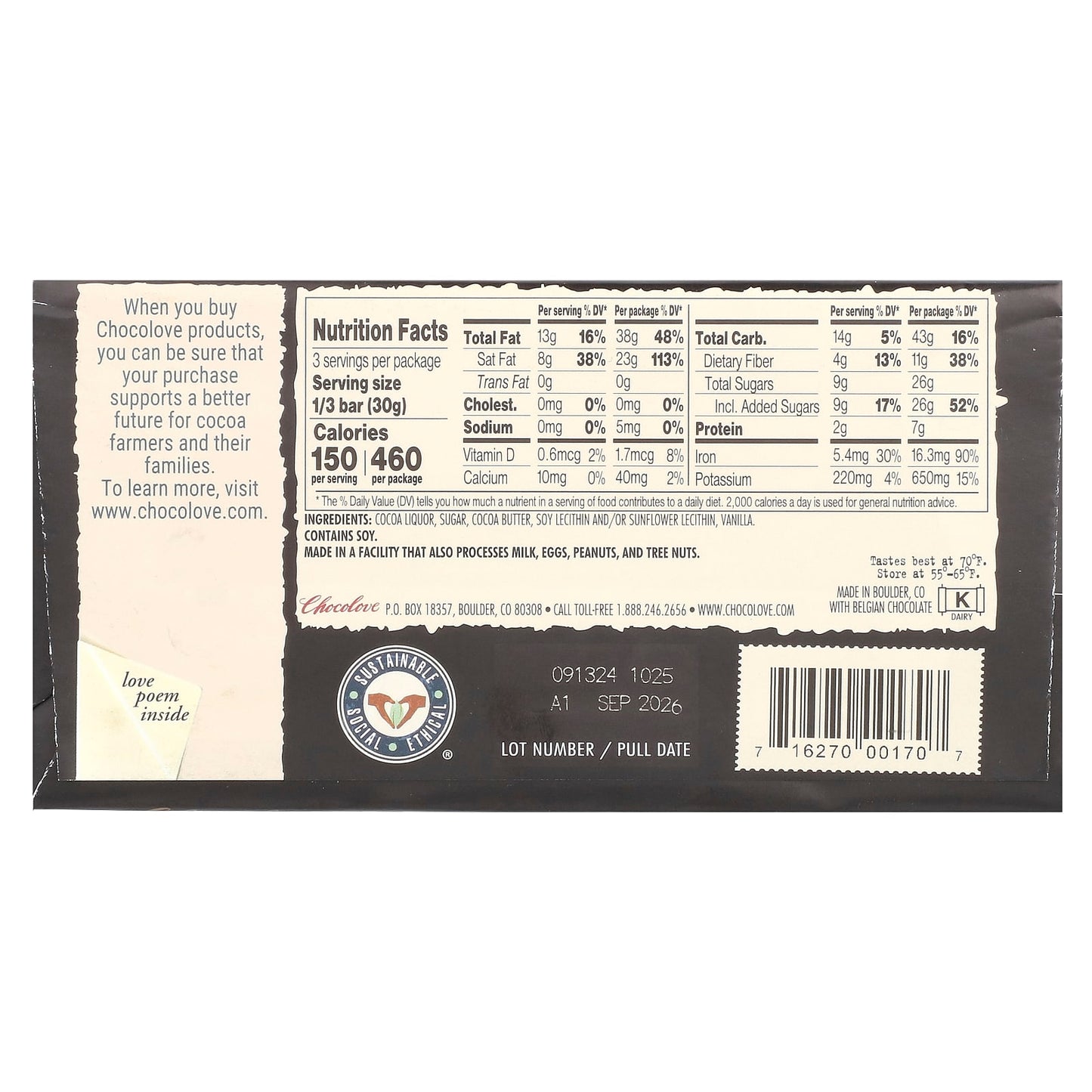 Chocolove, Strong Dark Chocolate, 70% Cocoa, 3.2 oz (90 g)