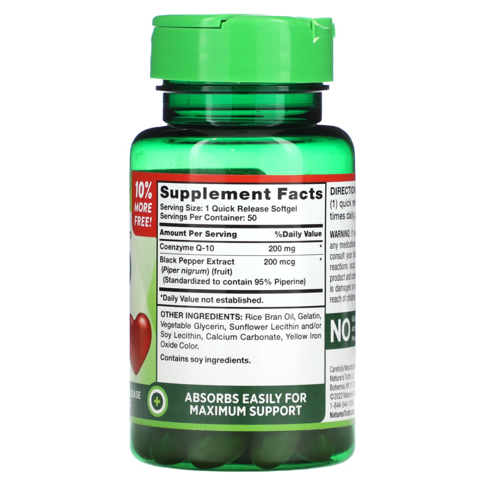 Nature's Truth, CoQ-10 Plus Black Pepper Extract, Enhanced Absorption, 200 mg, 50 Quick Release Softgels - Image 2