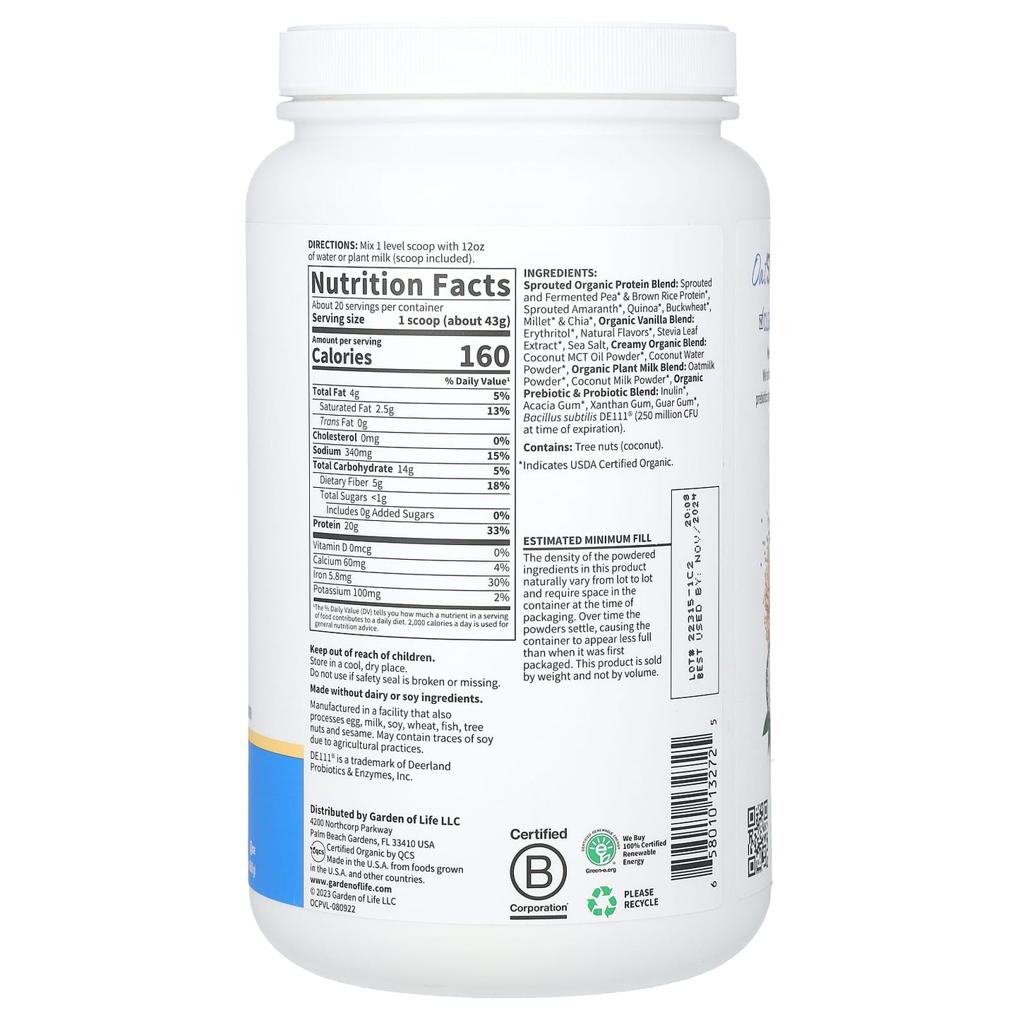 Garden of Life Organic Creamy Plant-Based Protein Powder, Vanilla Cookie, 20g Protein - Image 2