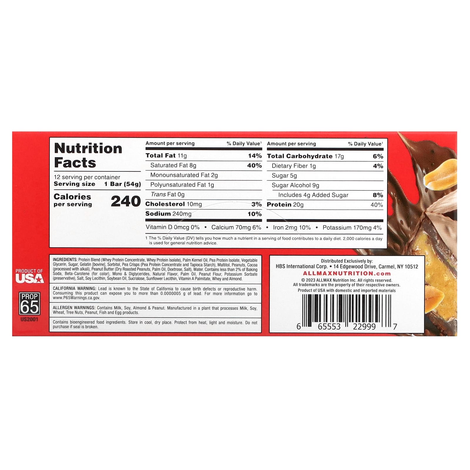 ALLMAX Hexapro Protein Bar - Chocolate Peanut Butter Cup, 20g Protein - Image 2