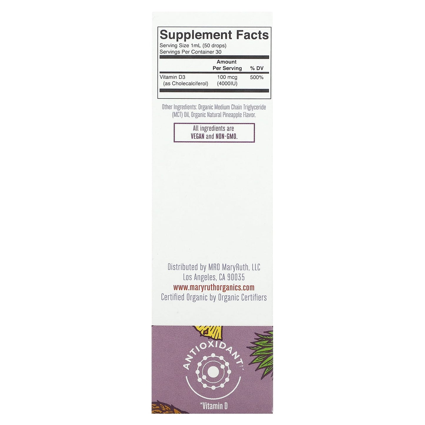 MaryRuth's, Megadose Vitamin D3 Organic Liquid Drops, Pineapple, 100 mcg (4,000 IU), 1 fl oz (30 ml) - Image 2