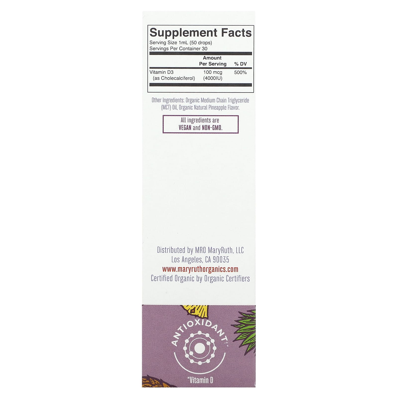 MaryRuth's, Megadose Vitamin D3 Organic Liquid Drops, Pineapple, 100 mcg (4,000 IU), 1 fl oz (30 ml) - Image 2