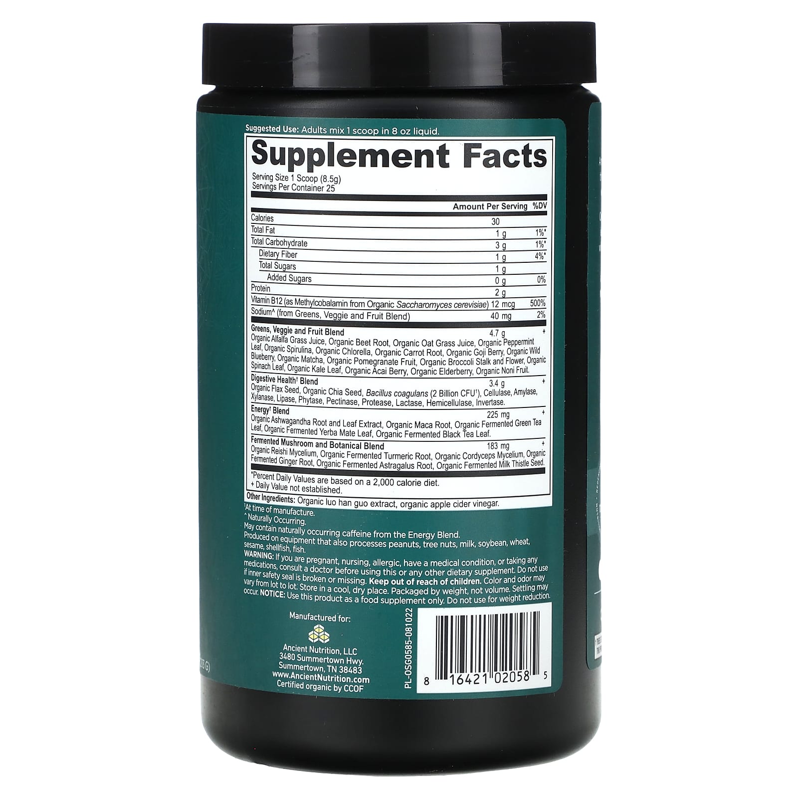 Ancient Nutrition USDA Organic Super Greens Energizer Powder 7.5 oz - Image 2