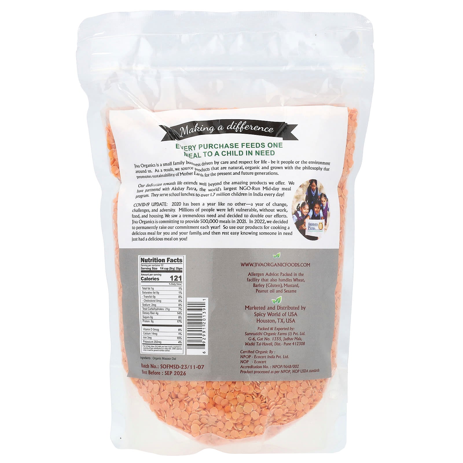 USDA Organic Masoor Dal by Jiva Organics - 2 lb (908 g) - Image 2