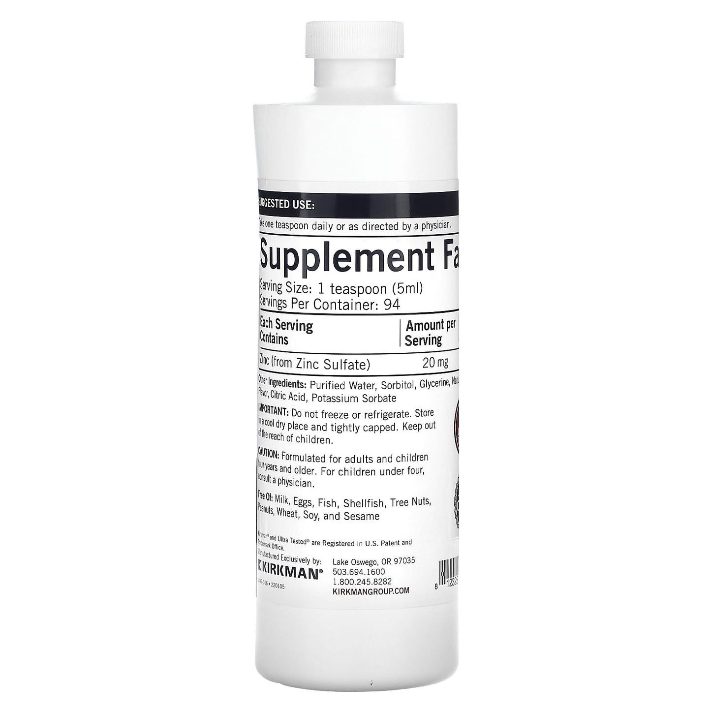Kirkman Labs, Zinc Liquid, Natural Raspberry, 16 oz (473 ml) (20 mg per Serving) - Image 2