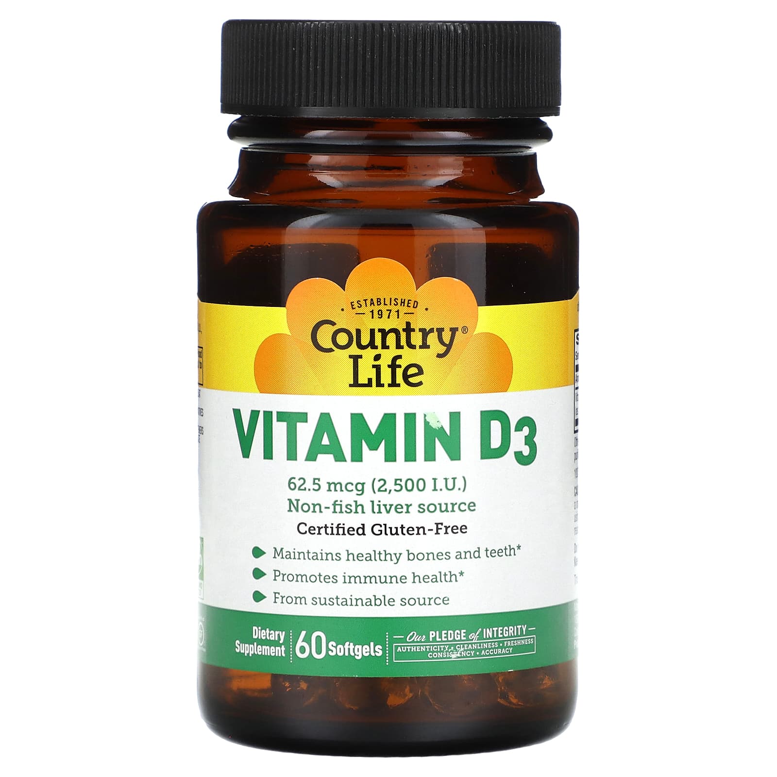 Country Life Vitamin D3 62.5 mcg (2,500 IU) 60 Softgels - Non-GMO & Gluten-Free - Image 1