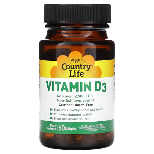 Country Life Vitamin D3 62.5 mcg (2,500 IU) 60 Softgels - Non-GMO & Gluten-Free - Image 1