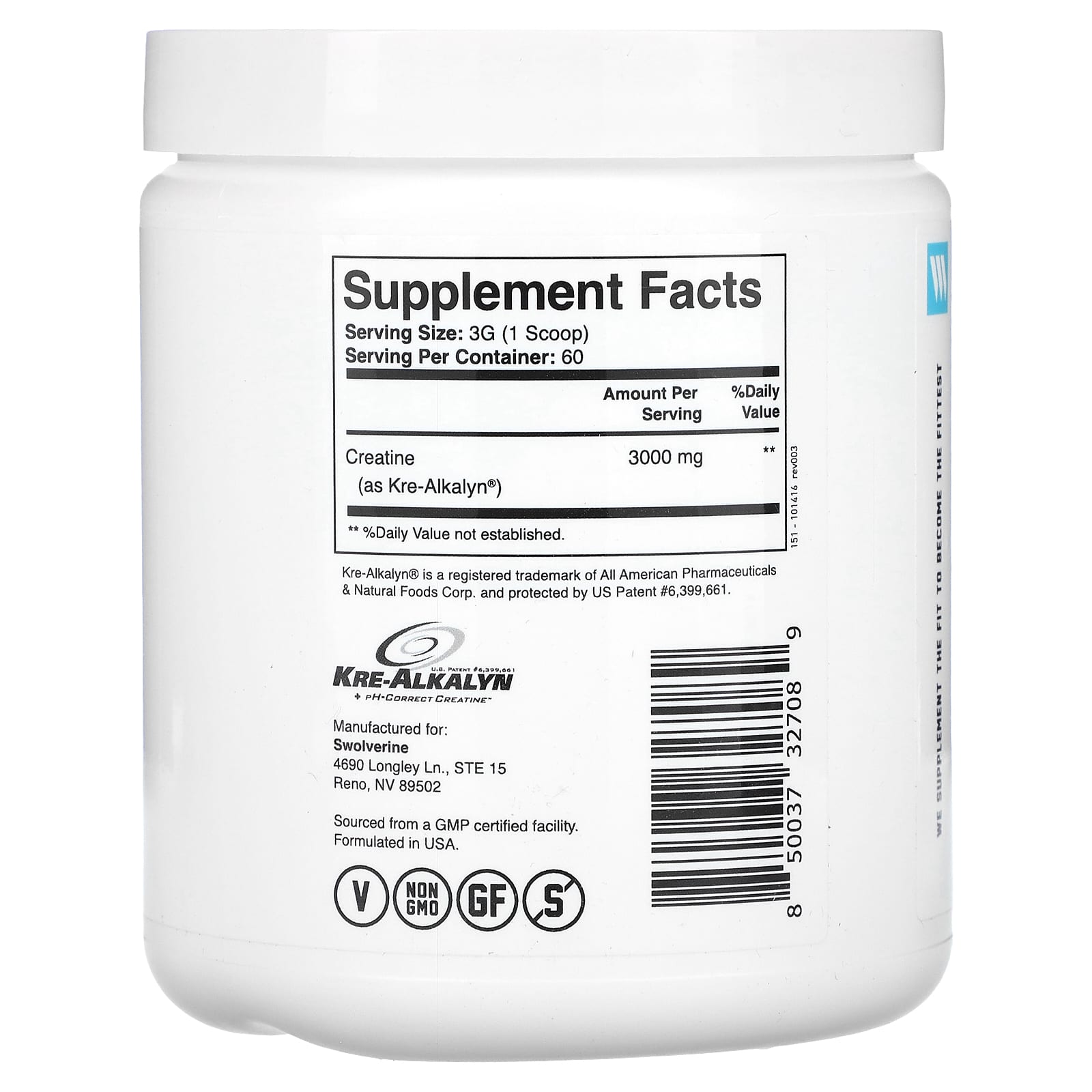 Swolverine, Kre-Alkalyn, Unflavored, 6.34 oz (180 g) - Image 2