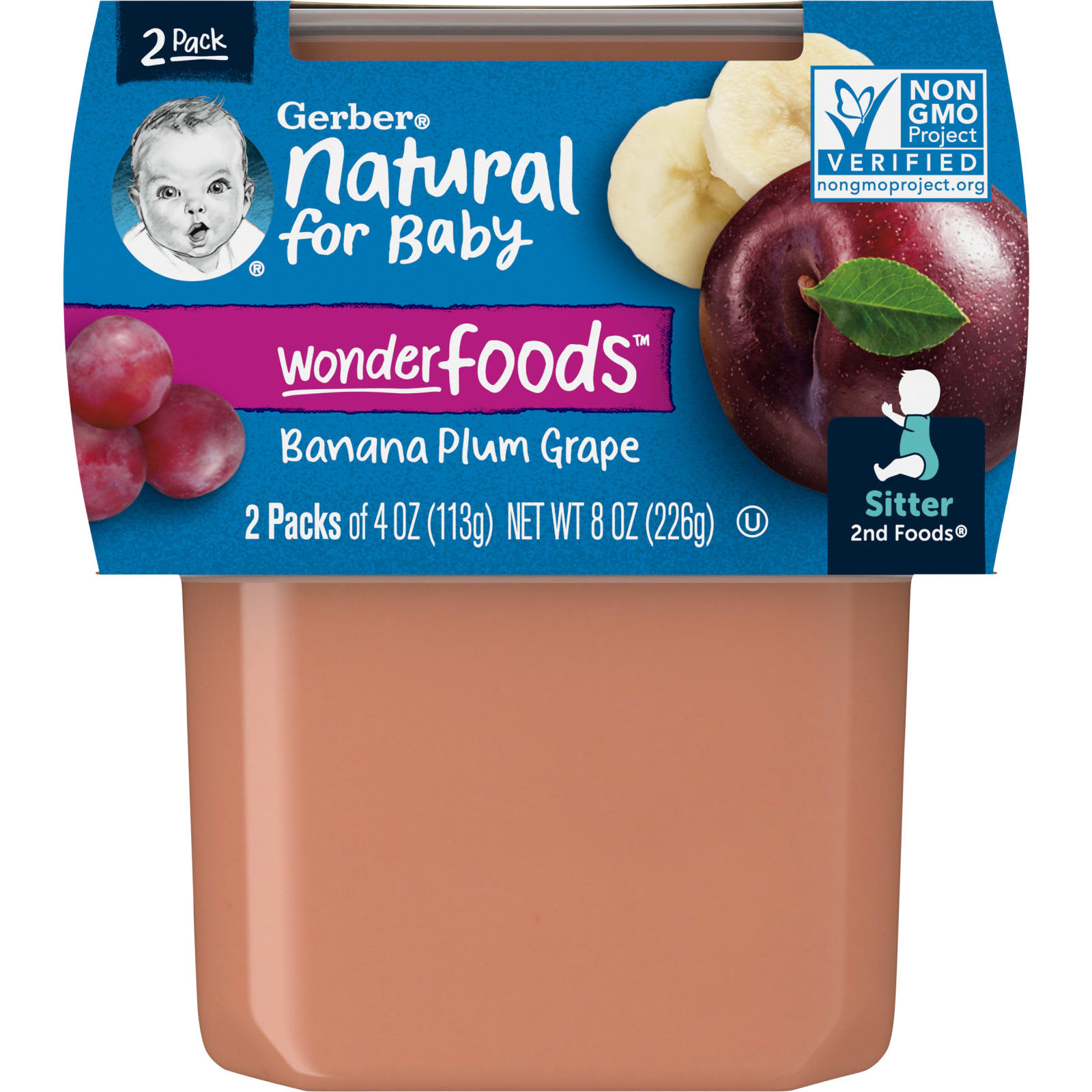 Gerber Natural 2nd Foods Banana Plum Grape for Babies, 2-Pack, 4 oz Each - Image 1