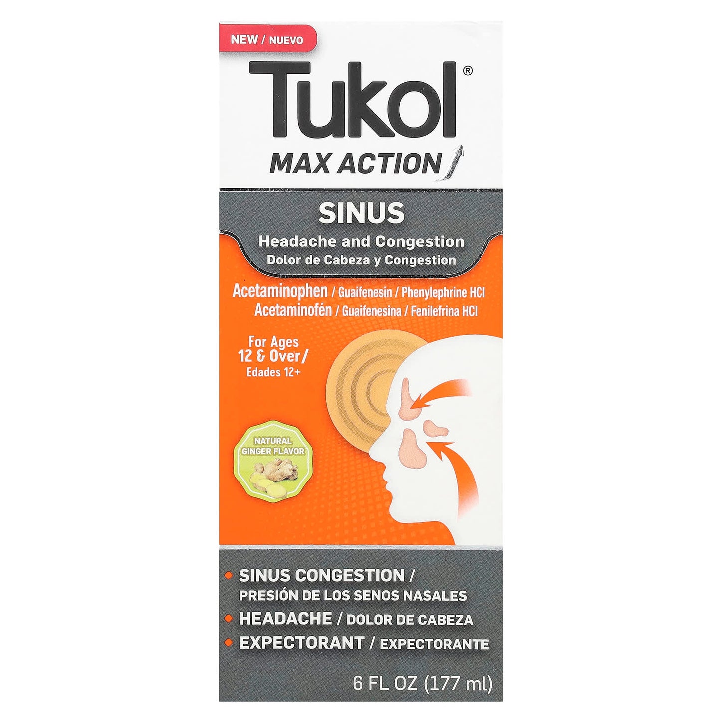 Tukol, Max Action, Sinus, Ages 12 & Over, Natural Ginger, 6 fl oz (177 ml) - Image 1