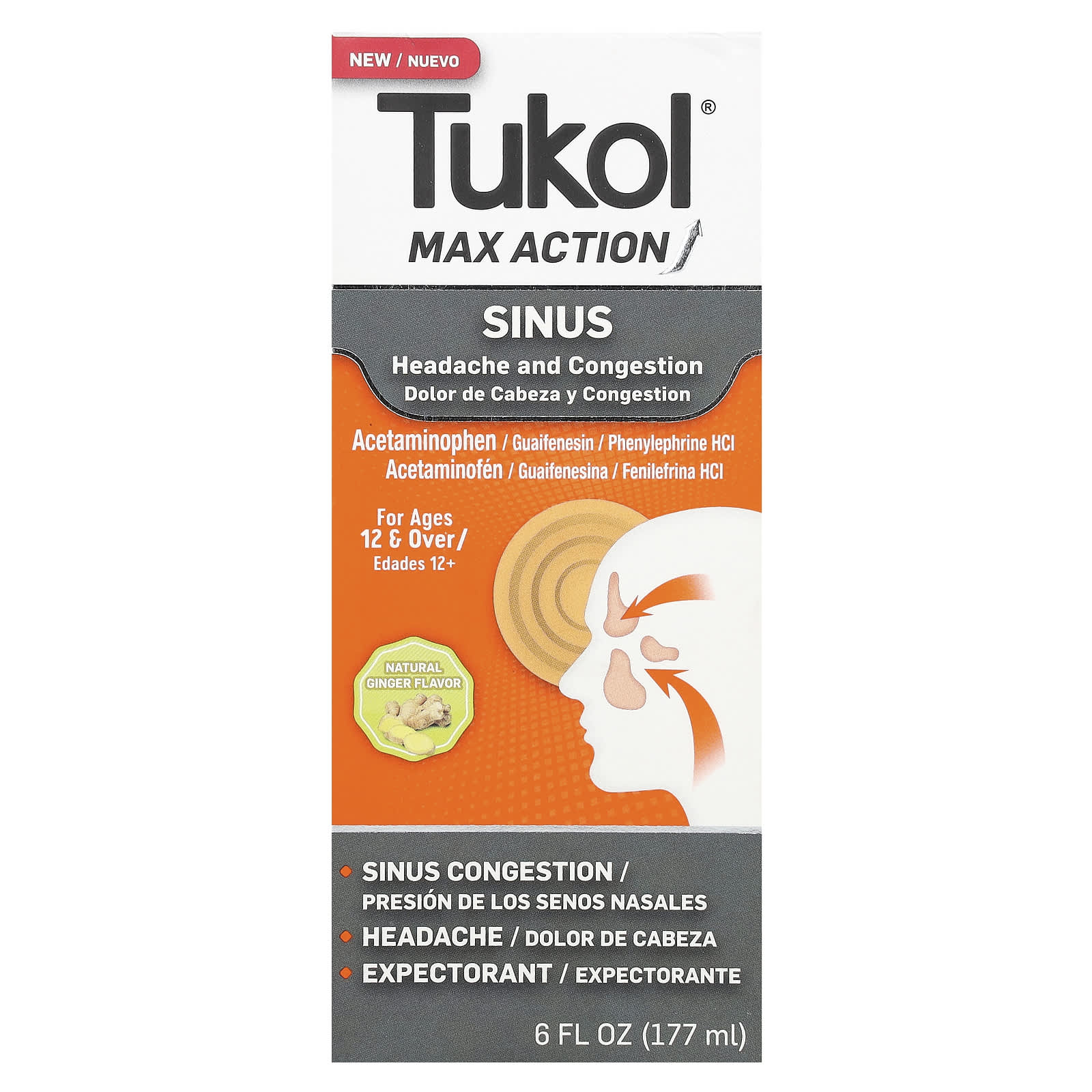 Tukol, Max Action, Sinus, Ages 12 & Over, Natural Ginger, 6 fl oz (177 ml) - Image 1