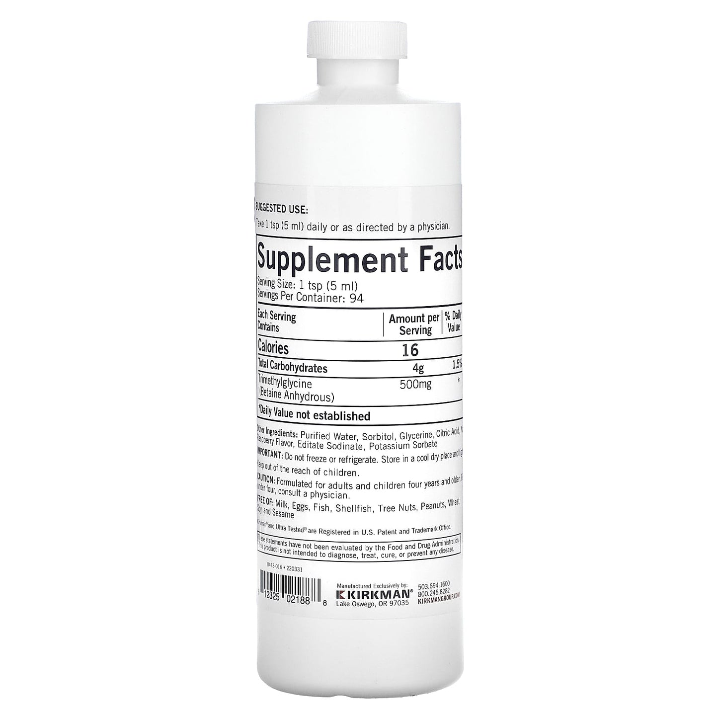 Kirkman Labs, TMG Liquid, Natural Raspberry, 16 fl oz (473 ml) - Image 2