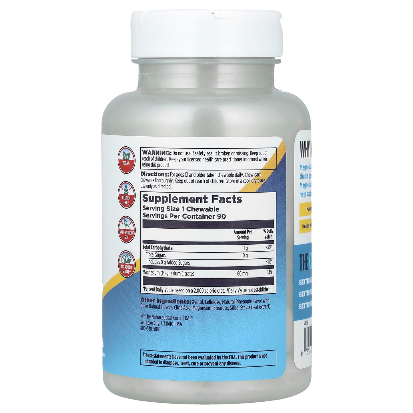 KAL, Magnesium Chewables, Pineapple, 60 mg, 90 Chewables - Image 2