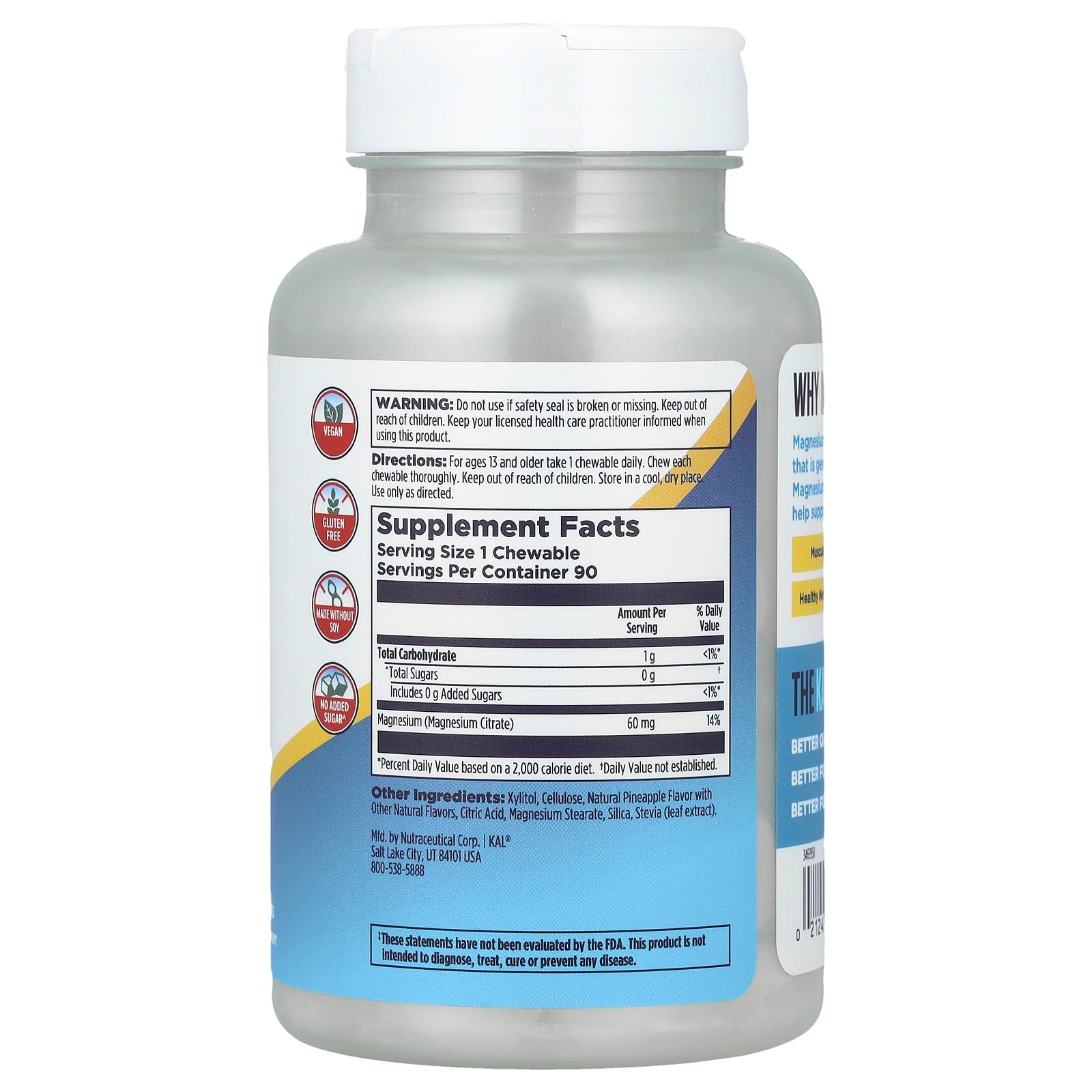 KAL, Magnesium Chewables, Pineapple, 60 mg, 90 Chewables - Image 2