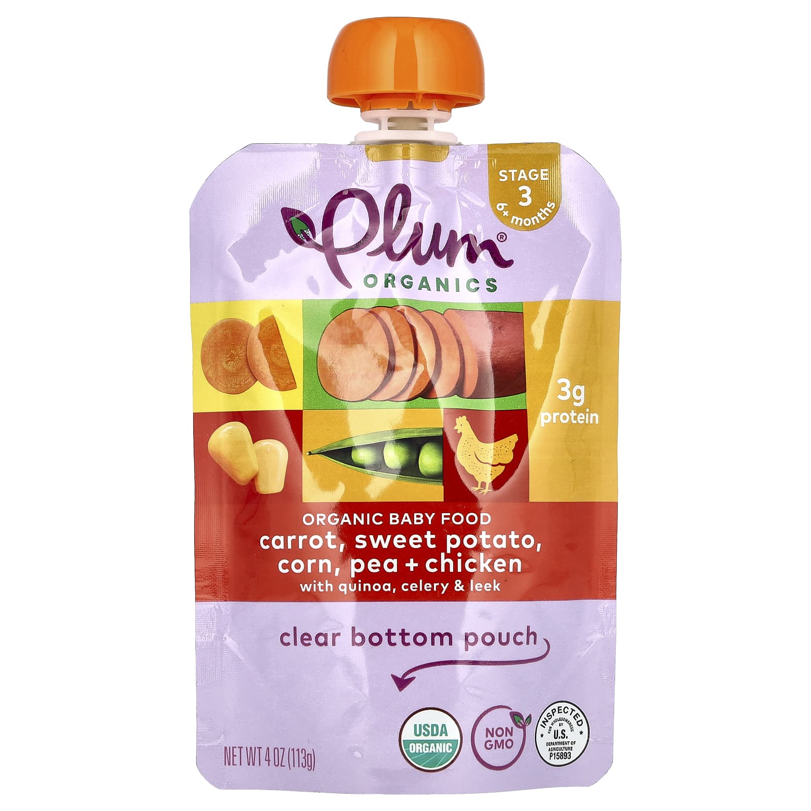 Plum Organics, Baby Food, 6+ Months, Carrot, Sweet Potato, Corn, Pea & Chicken, 4 oz (113 g) - Image 1
