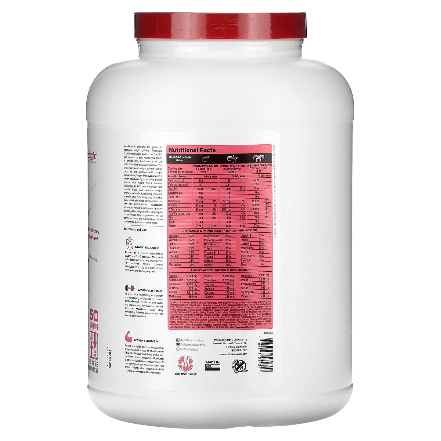Metabolic Nutrition, MuscLean, Lean Muscle Weight Gainer, Strawberry Milkshake, 5 lb - Image 2