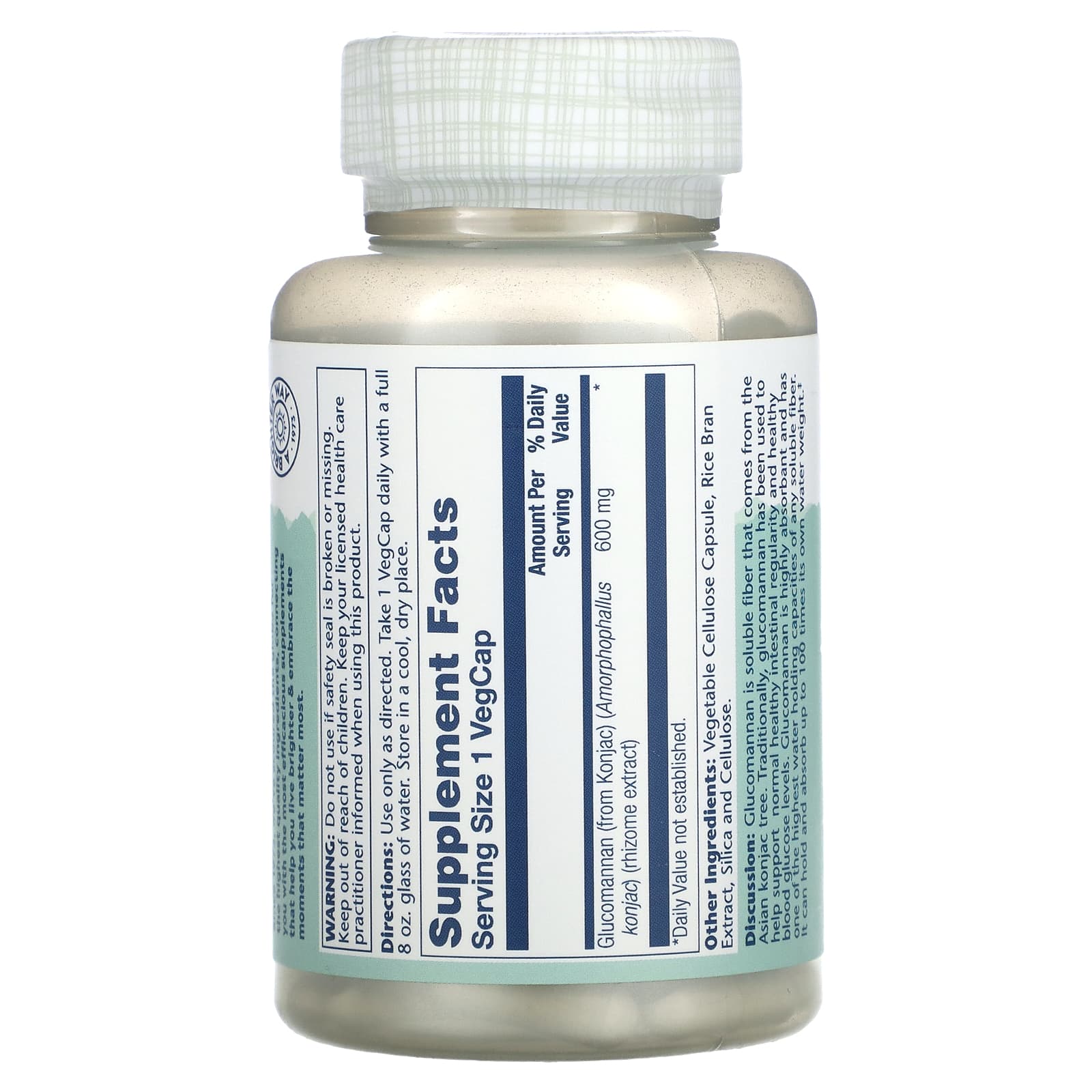 Solaray, Glucomannan, Rhizome Extract, 600 mg, 100 VegCaps - Image 2