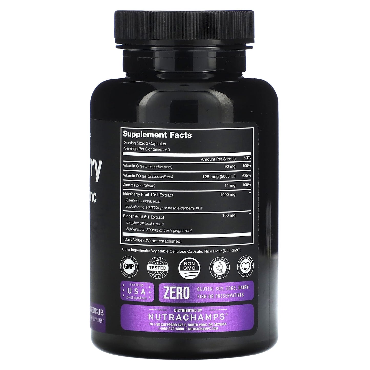 NutraChamps, Elderberry Vitamin C + Zinc with Vitamin D3 + Ginger, 120 Veggie Capsules - Image 2