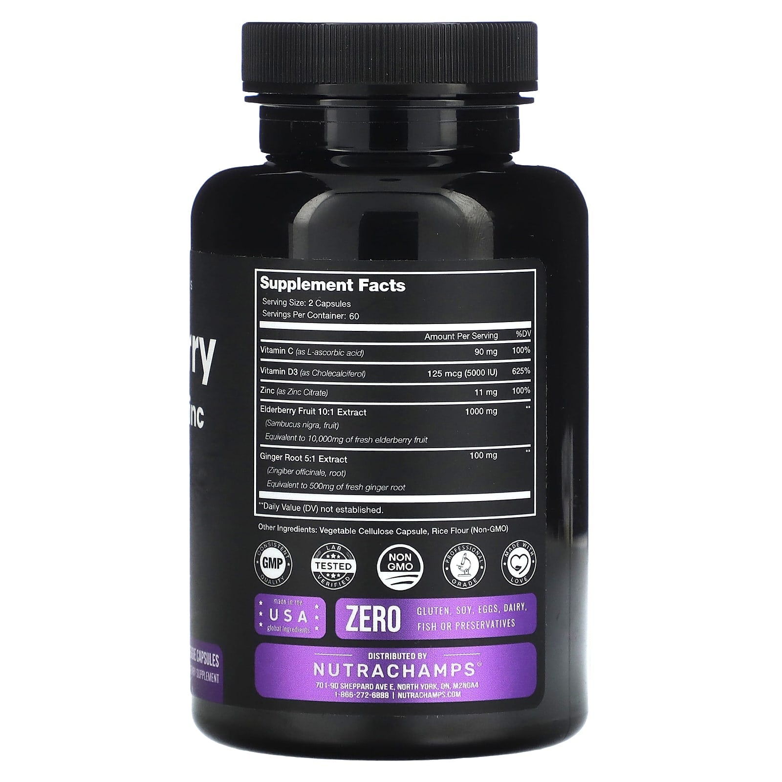 NutraChamps, Elderberry Vitamin C + Zinc with Vitamin D3 + Ginger, 120 Veggie Capsules - Image 2