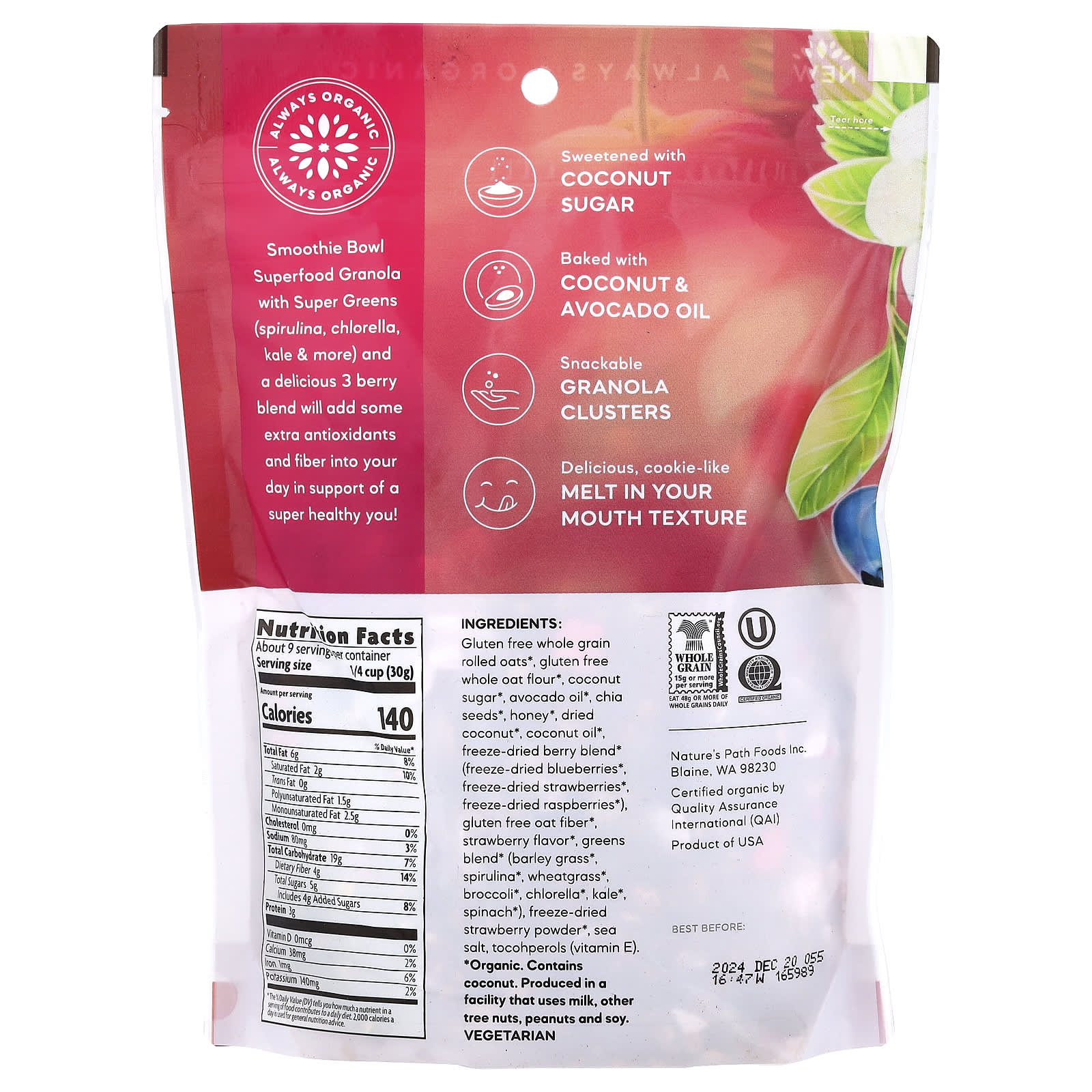Nature's Path, Organic Smoothie Bowl, Superfood Granola, 9.5 oz (270 g) - Image 2