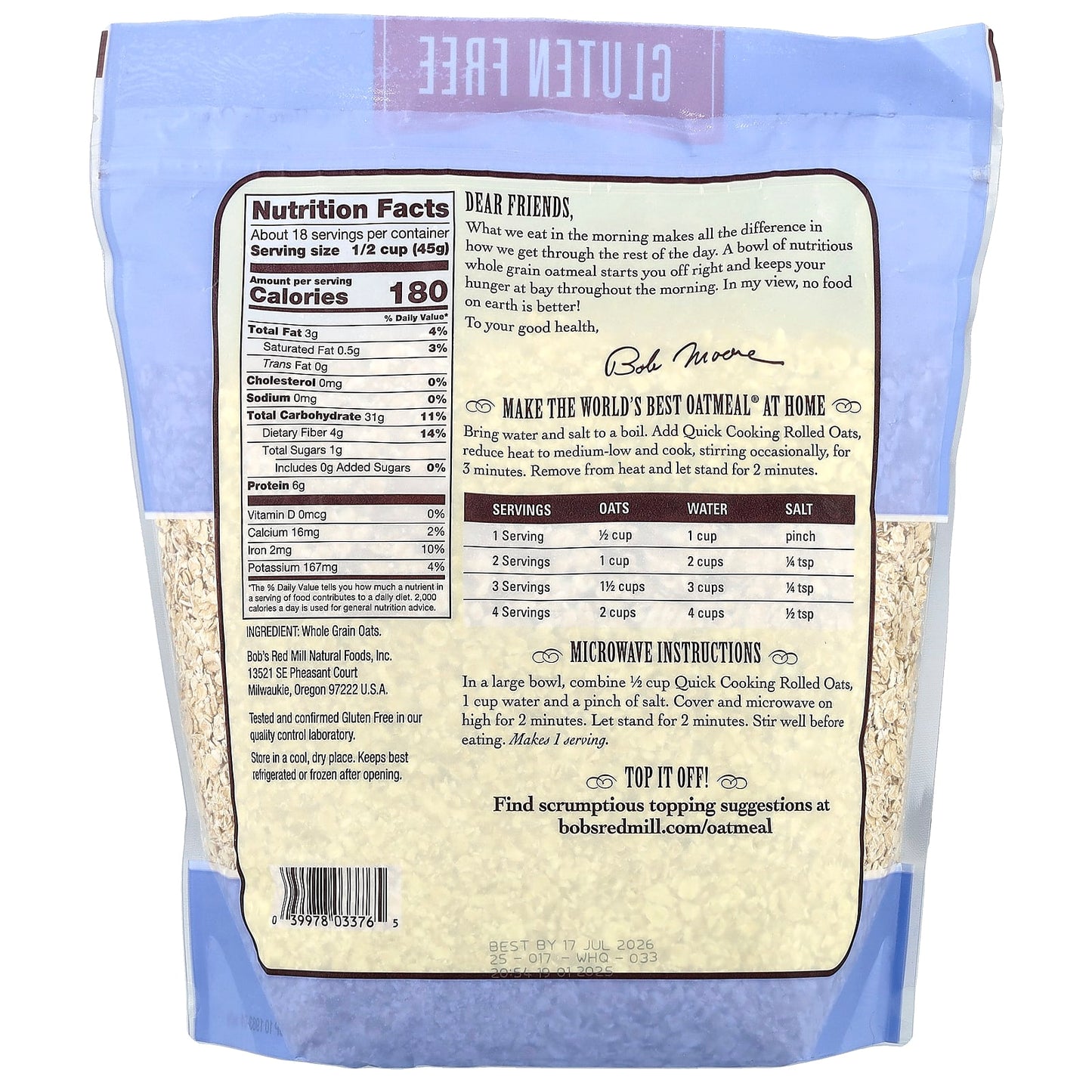 Bob's Red Mill Whole Grain Quick Cooking Rolled Oats, 28 oz - Image 2