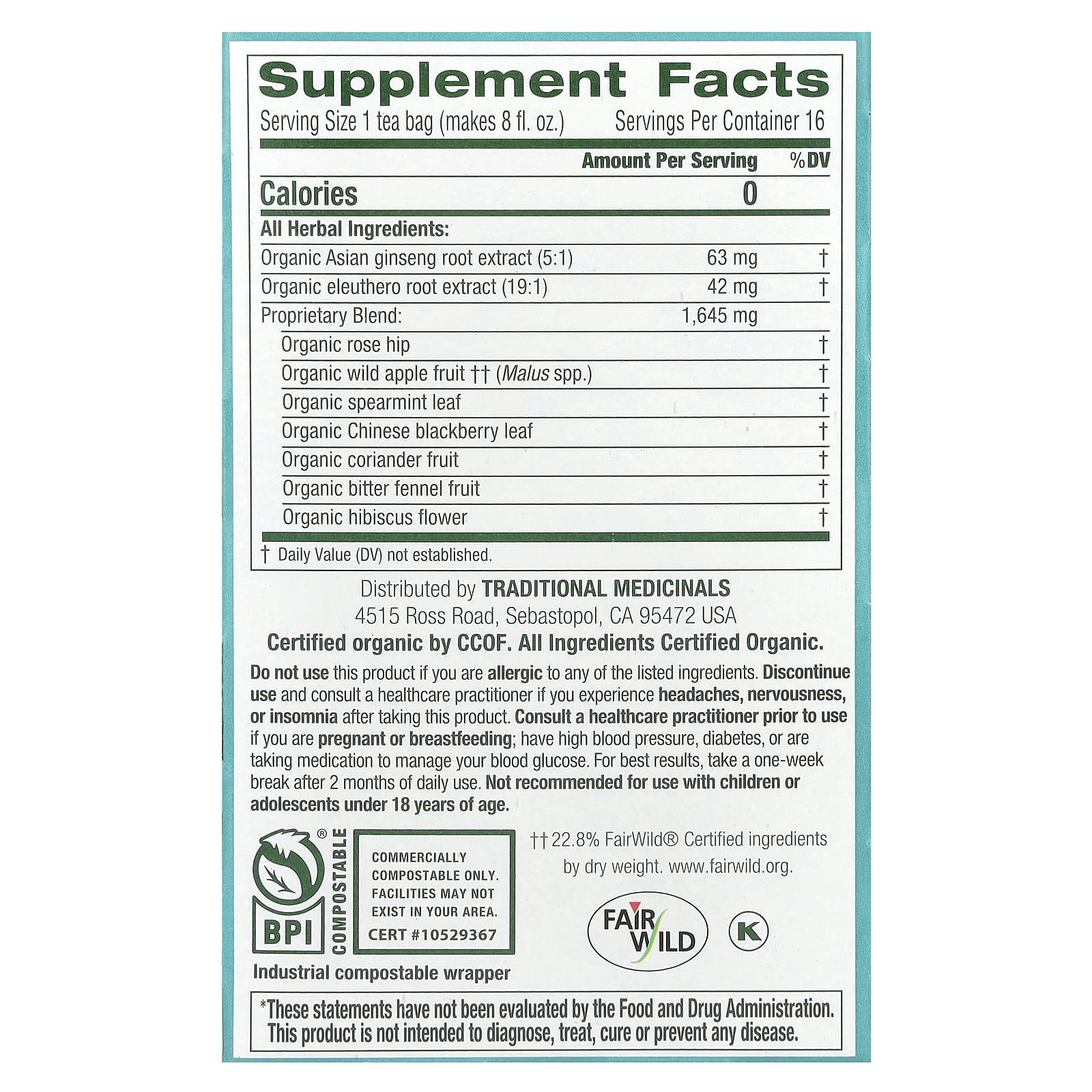 Traditional Medicinals, Organic Stress Ease® Focus, Ginseng Wild Apple Mint, Caffeine Free, 16 Wrapped Tea Bags, 0.99 oz (28 g) - Image 2