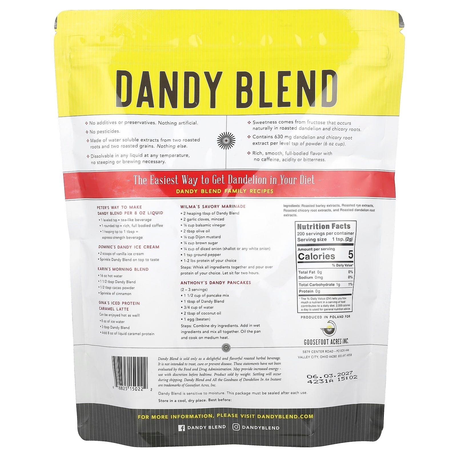 Caffeine-Free Dandy Blend Herbal Beverage, 14.1 oz (400g) - Rich & Smooth - Image 2