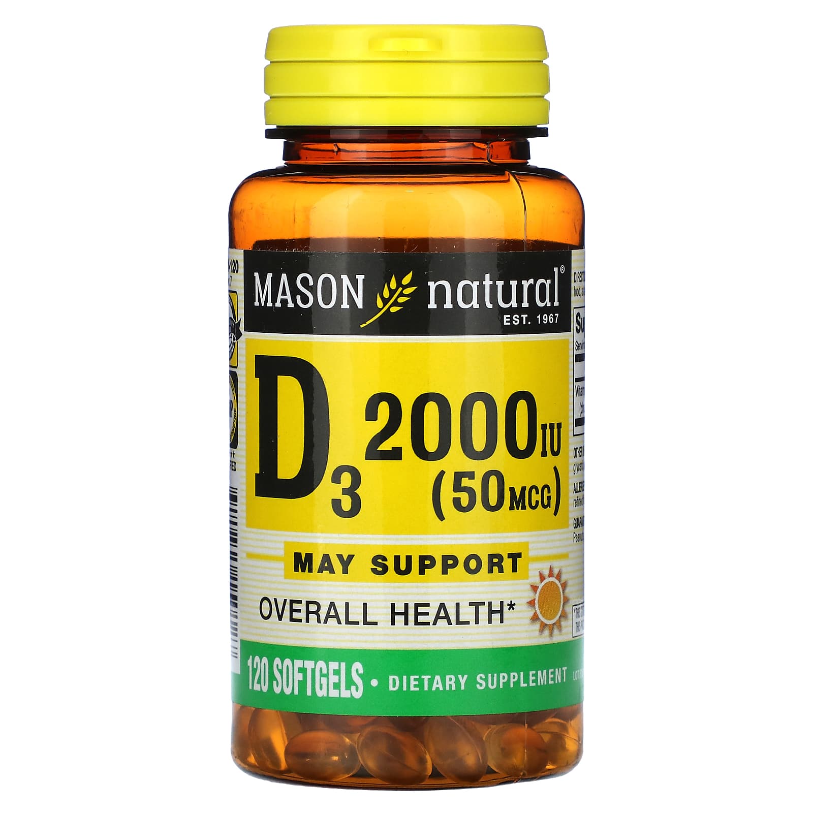 Mason Natural, D3, 50 mcg (2,000 IU), 120 Softgels - Image 1