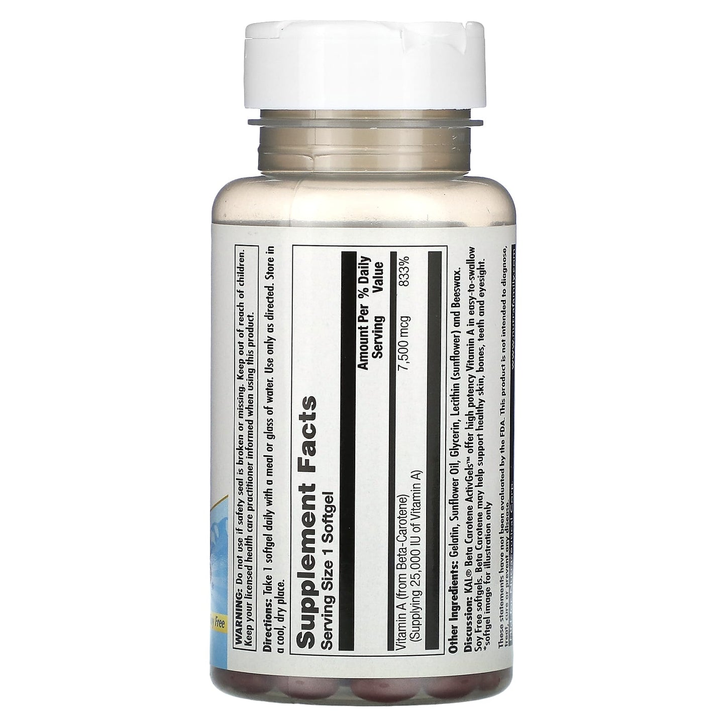 KAL Beta Carotene 7,500 mcg - Vitamin A Supplement, 100 Softgels - Image 2