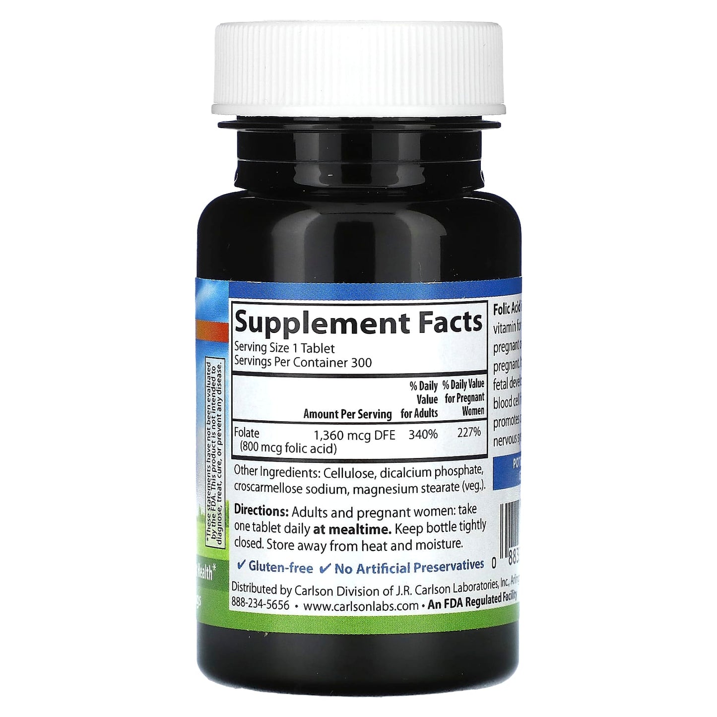 Carlson Folic Acid 800 mcg, 300 Vegetarian Tablets for Prenatal Support - Image 2