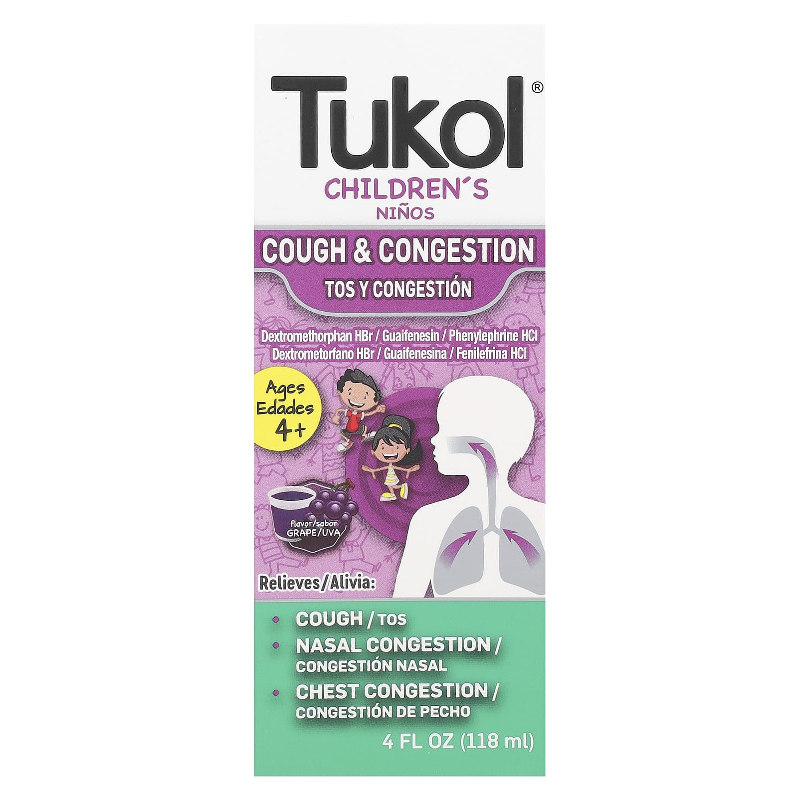 Tukol, Children's, Cough & Congestion, Ages 4+, Grape, 4 fl oz (118 ml) - Image 1