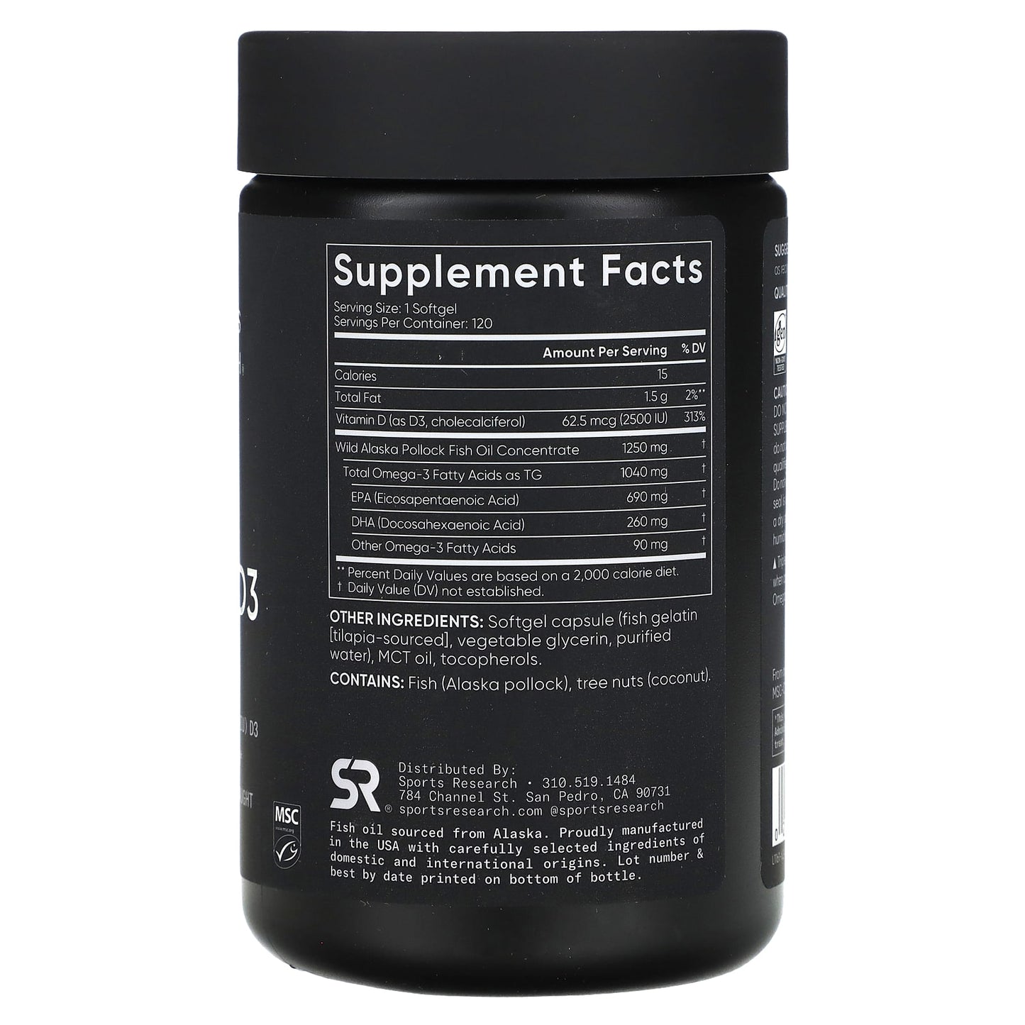 Sports Research, Omega-3 Fish Oil + D3, Triple Strength , 1,040 mg & 62.5 mcg (2,500 IU), 120 Softgels - Image 2