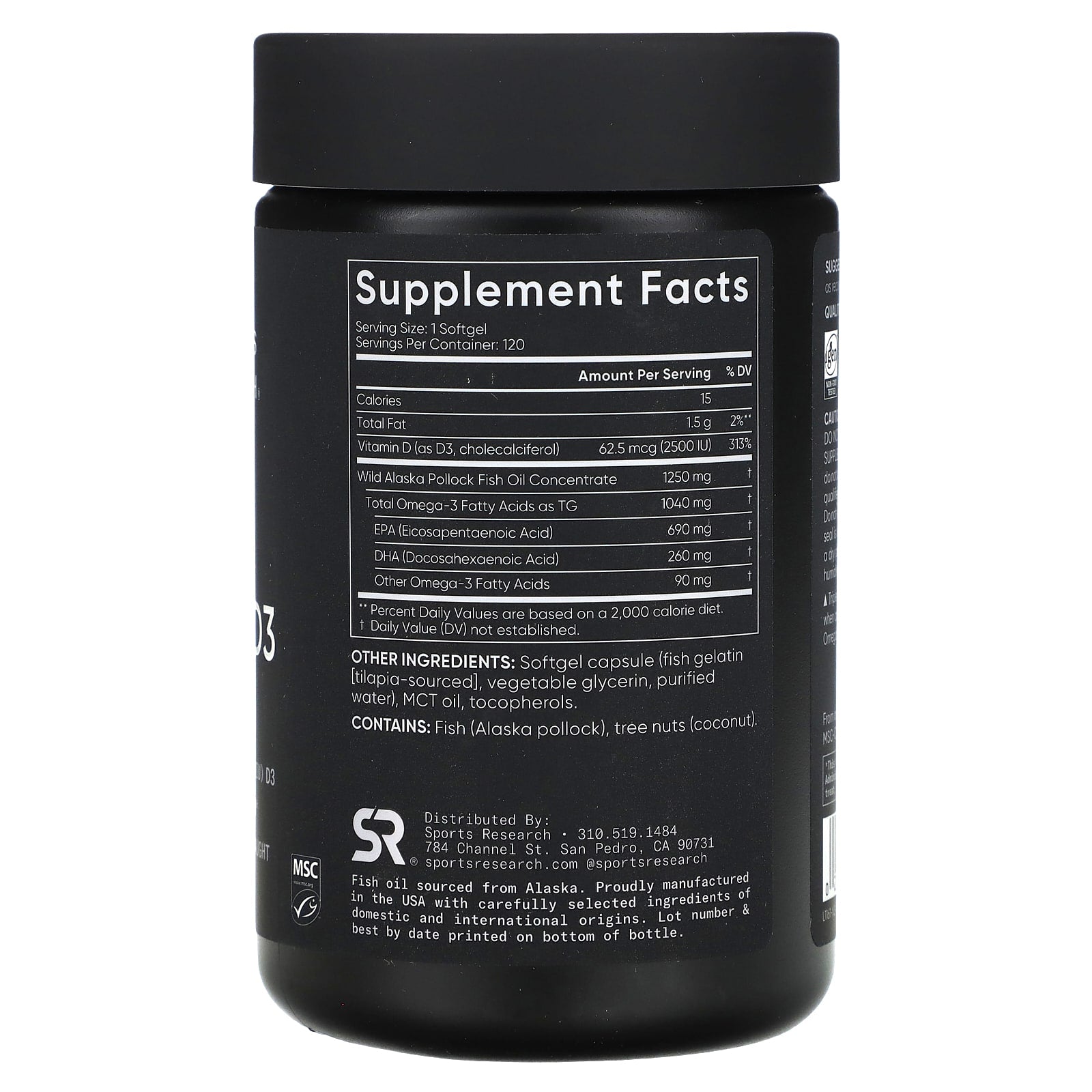Sports Research, Omega-3 Fish Oil + D3, Triple Strength , 1,040 mg & 62.5 mcg (2,500 IU), 120 Softgels - Image 2