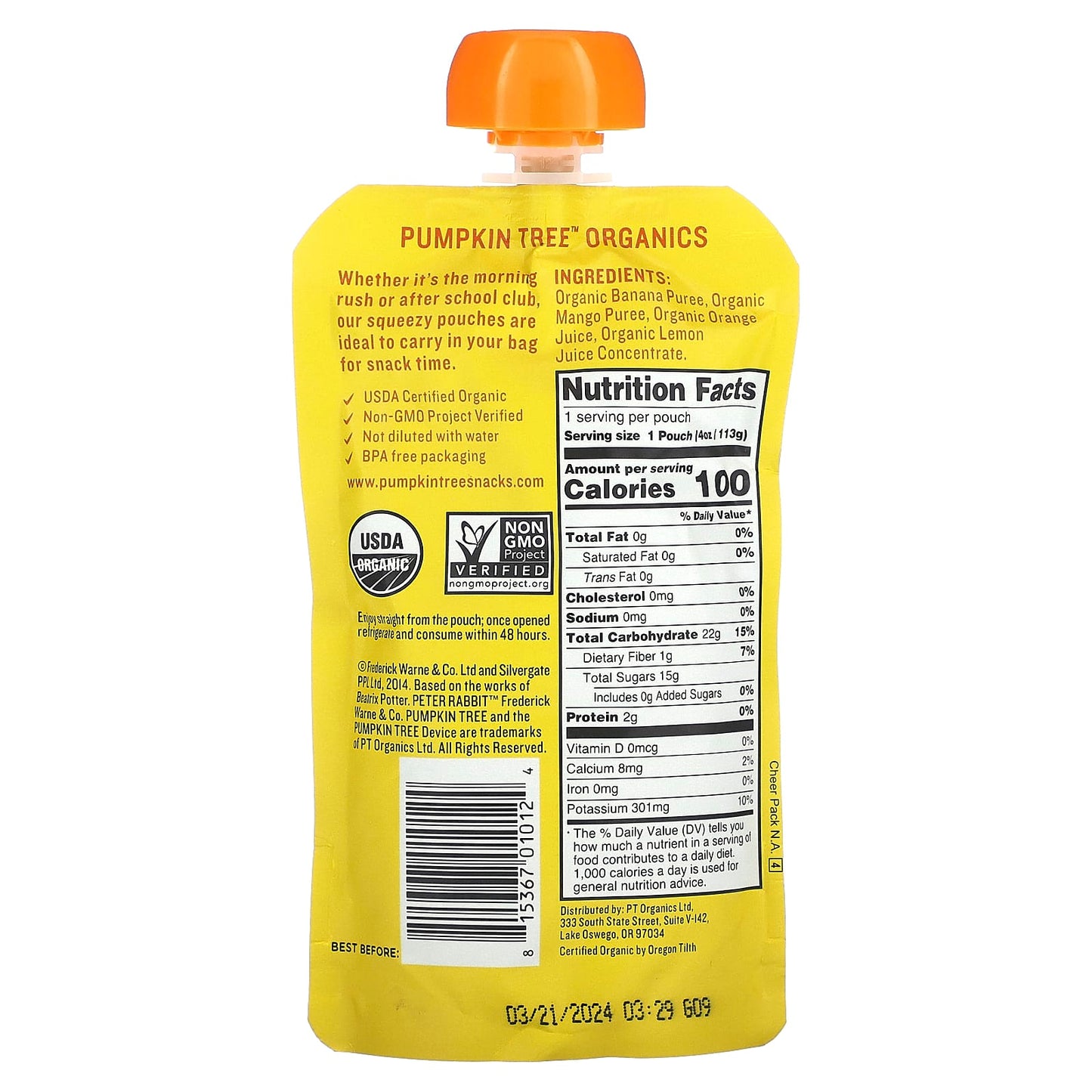 Pumpkin Tree Organics, Peter Rabbit Organics, Organic Fruit Puree, Banana, Mango & Orange, 4 oz (113 g) - Image 2