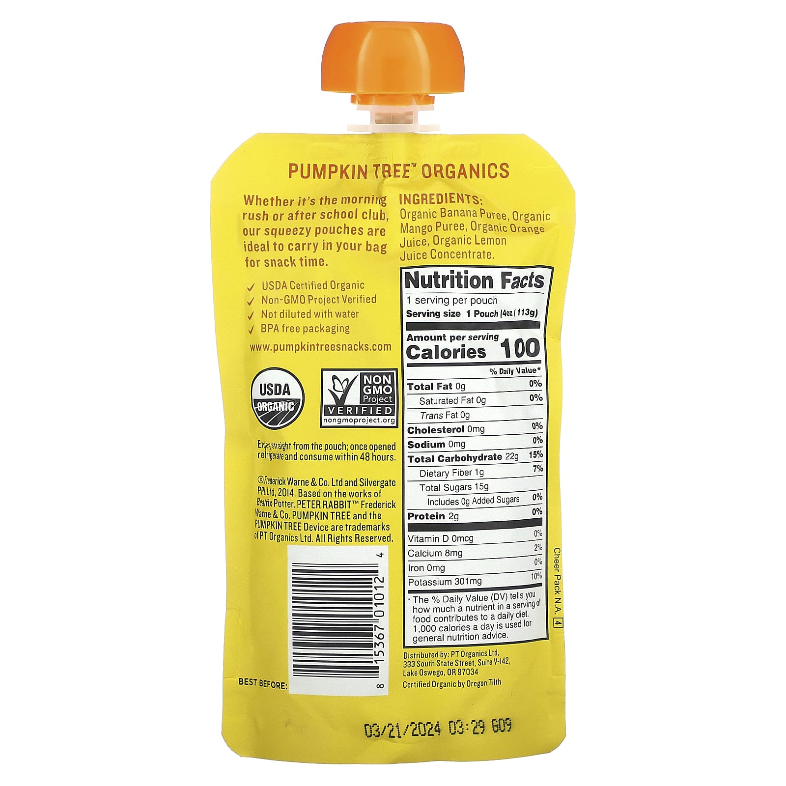 Pumpkin Tree Organics, Peter Rabbit Organics, Organic Fruit Puree, Banana, Mango & Orange, 4 oz (113 g) - Image 2