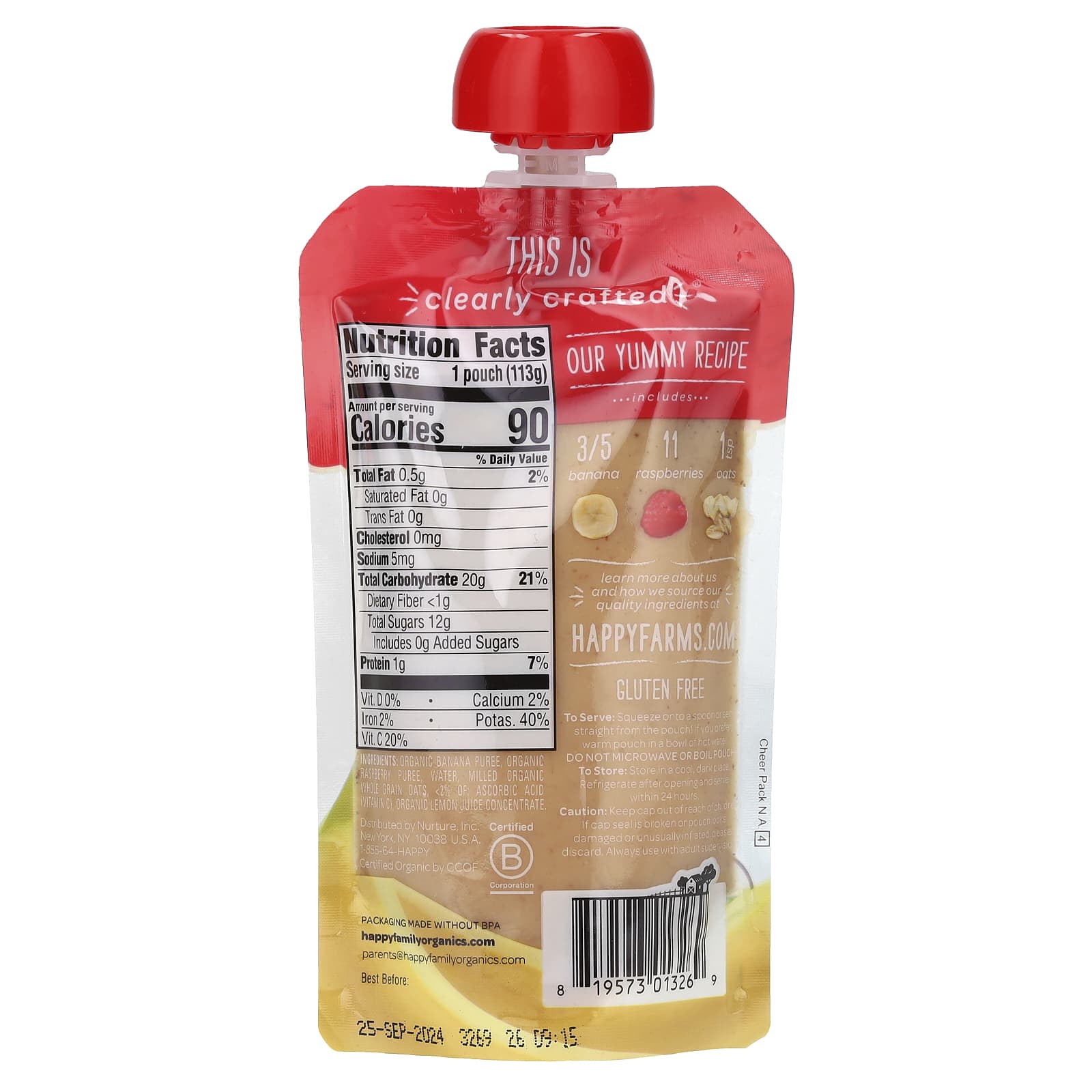 Organic Baby Food for 6+ Months | Happy Family Bananas, Raspberries & Oats - Image 2
