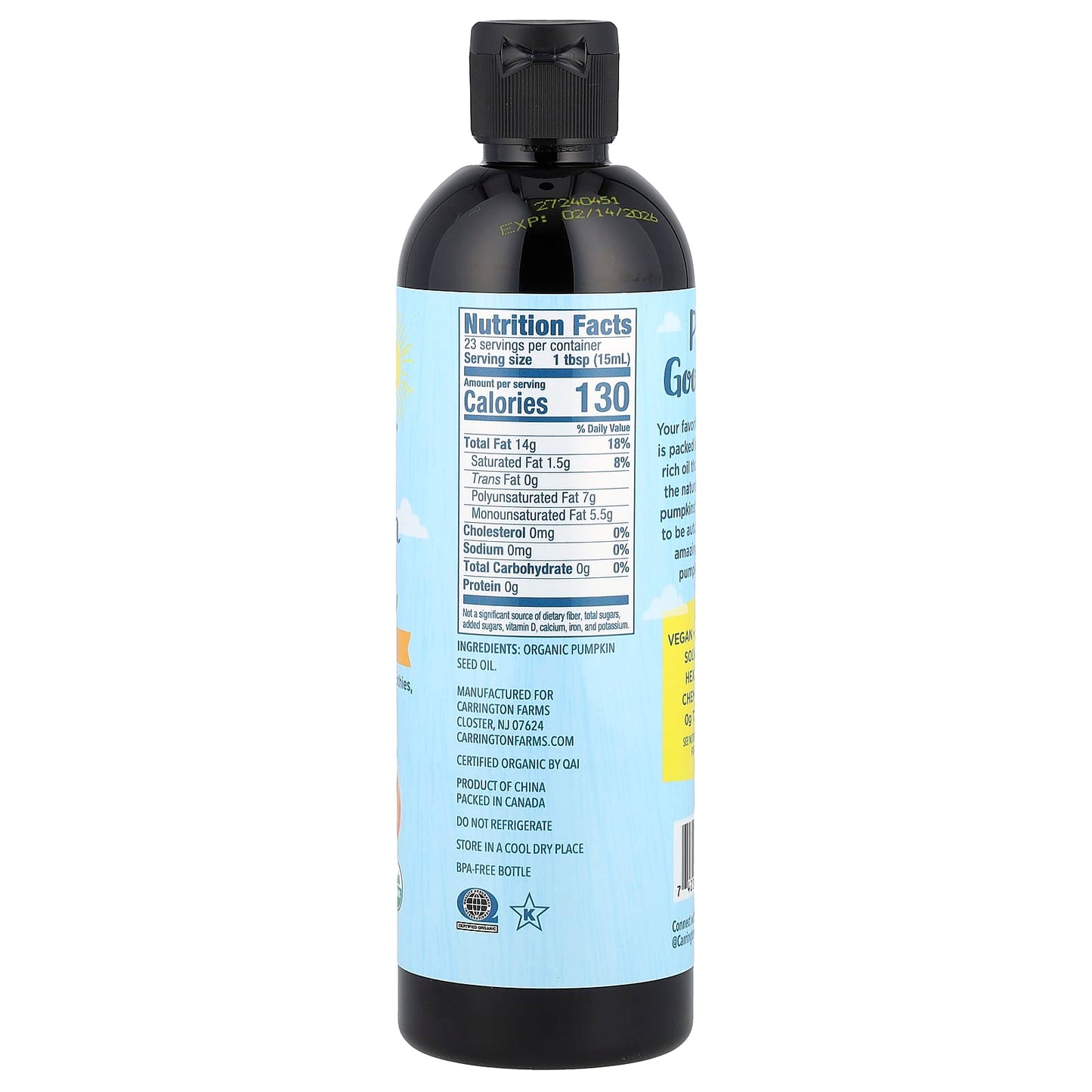 Organic Pumpkin Seed Oil by Carrington Farms - 12 fl oz (355 ml) - Image 2