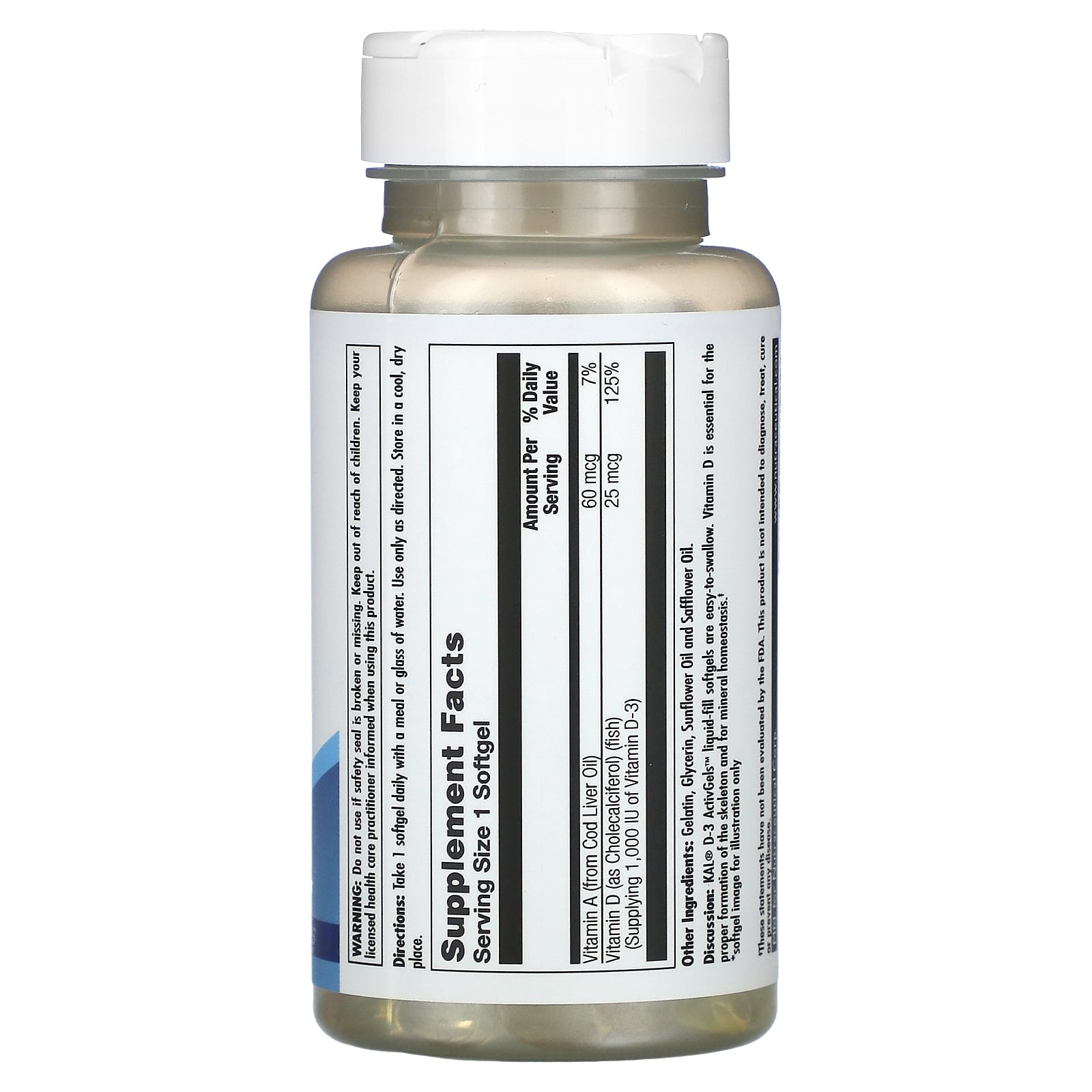 KAL, D-3 , 25 mcg (1,000 IU), 200 Softgels - Image 2