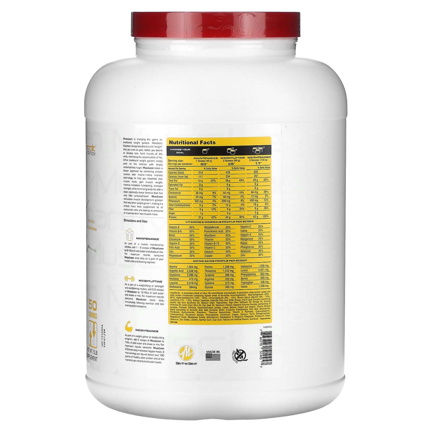Metabolic Nutrition, MuscLean, Lean Muscle Weight Gainer, Vanilla Milkshake, 5 lb - Image 2