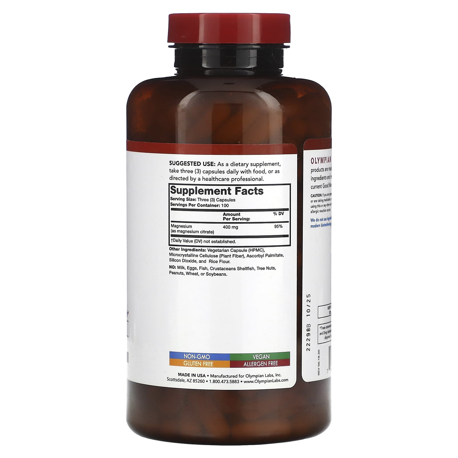Olympian Labs, Magnesium Citrate, 400 mg, 300 Vegetarian Capsules (133 mg per Capsule) - Image 2