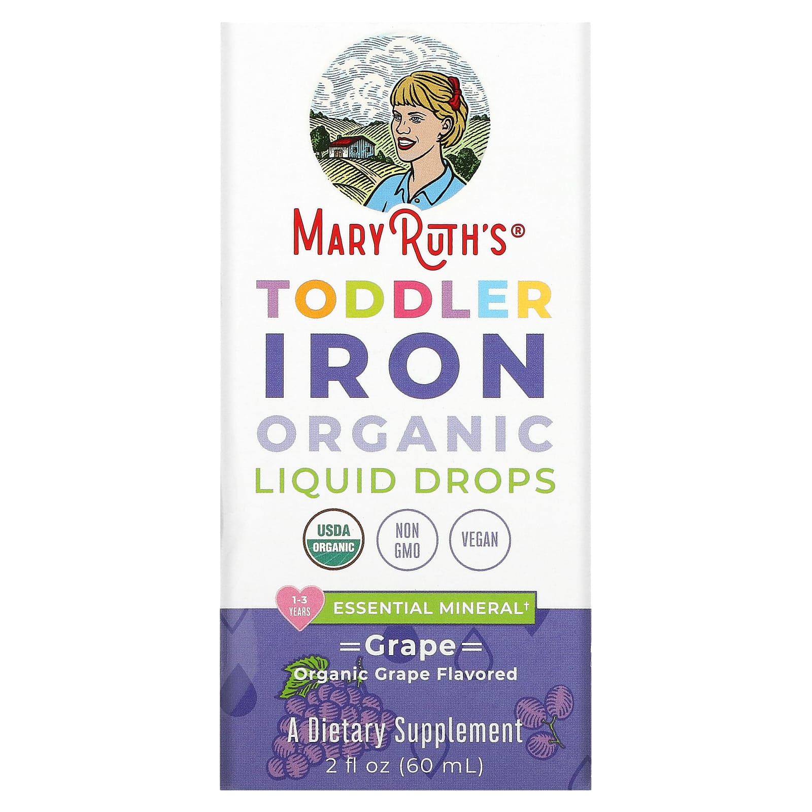 MaryRuth's, Toddler Iron Organic Liquid Drops, 1-3 Years, Grape, 3.5 mg, 2 fl oz (60 ml) - Image 1