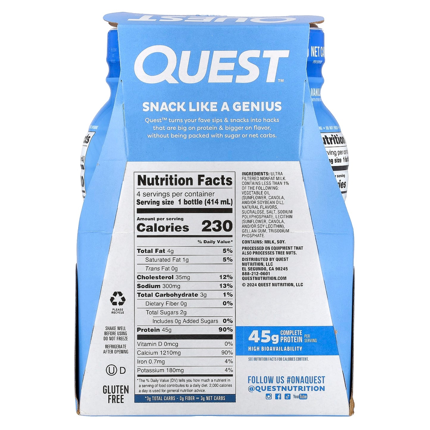 Quest Nutrition, Protein Milk Shake, Vanilla, 4 Bottles, 14 fl oz (414 ml) Each - Image 2