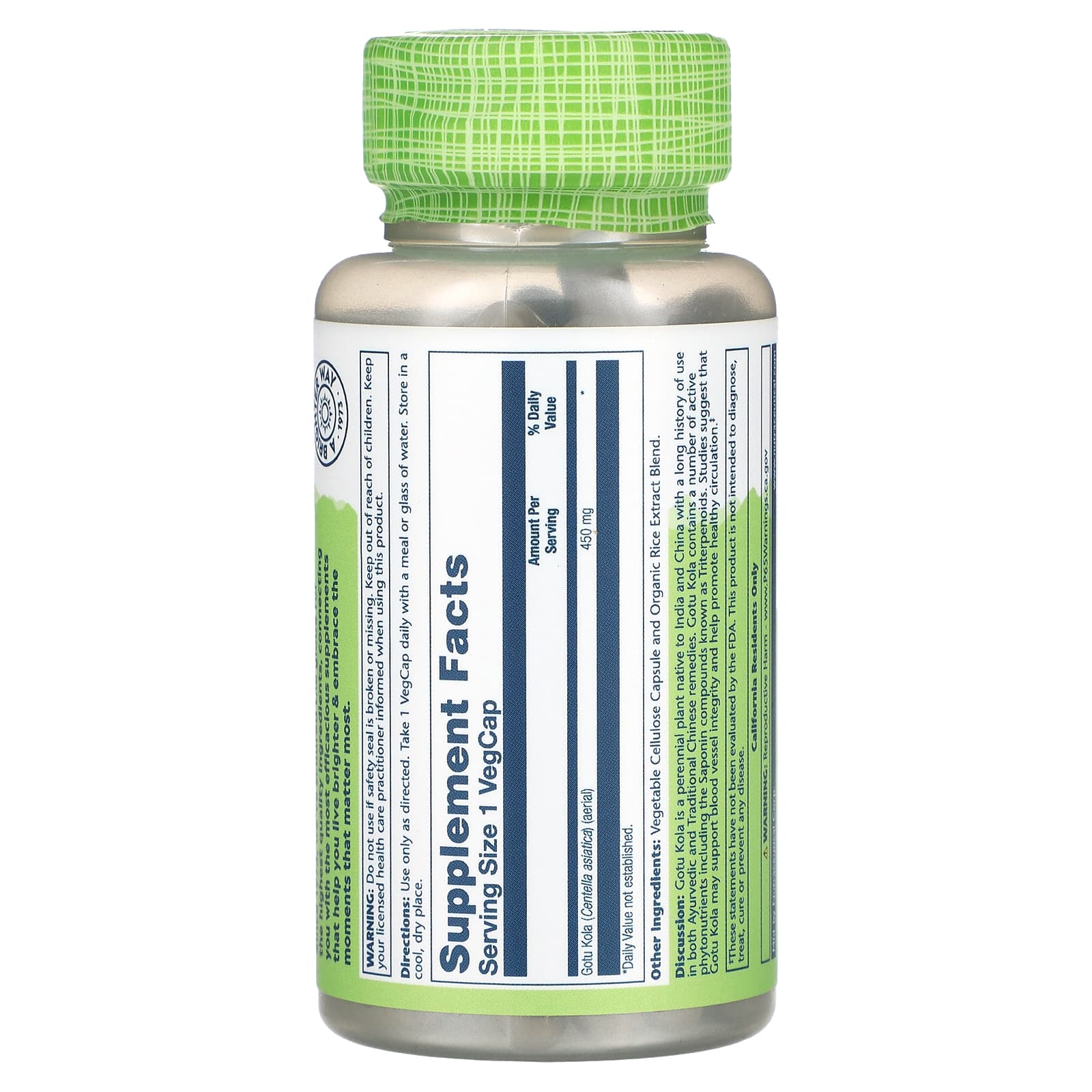 Solaray, True Herbs, Gotu Kola, 450 mg, 100 VegCaps - Image 2